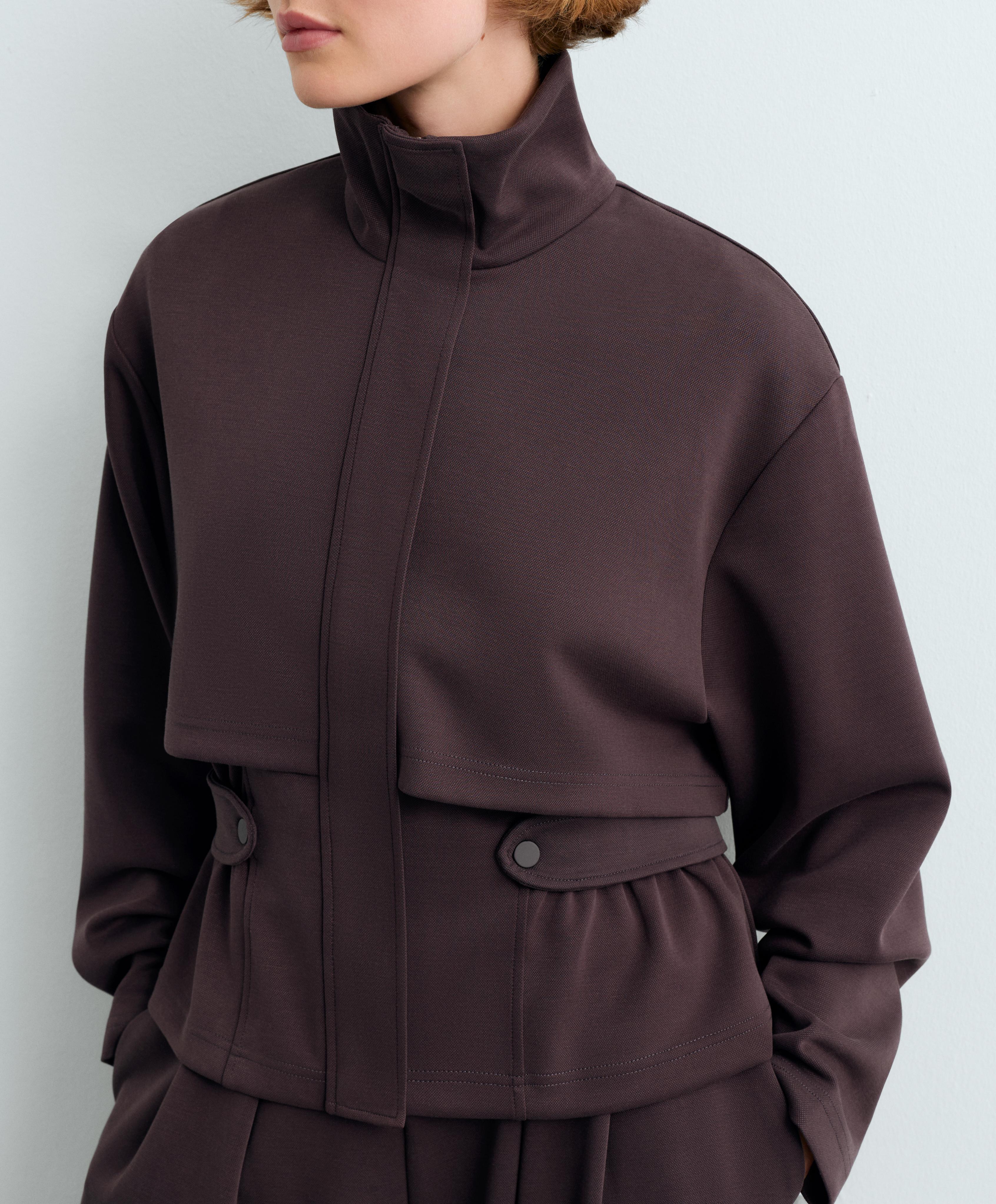Short piqué jacket with belt — Purplish brown