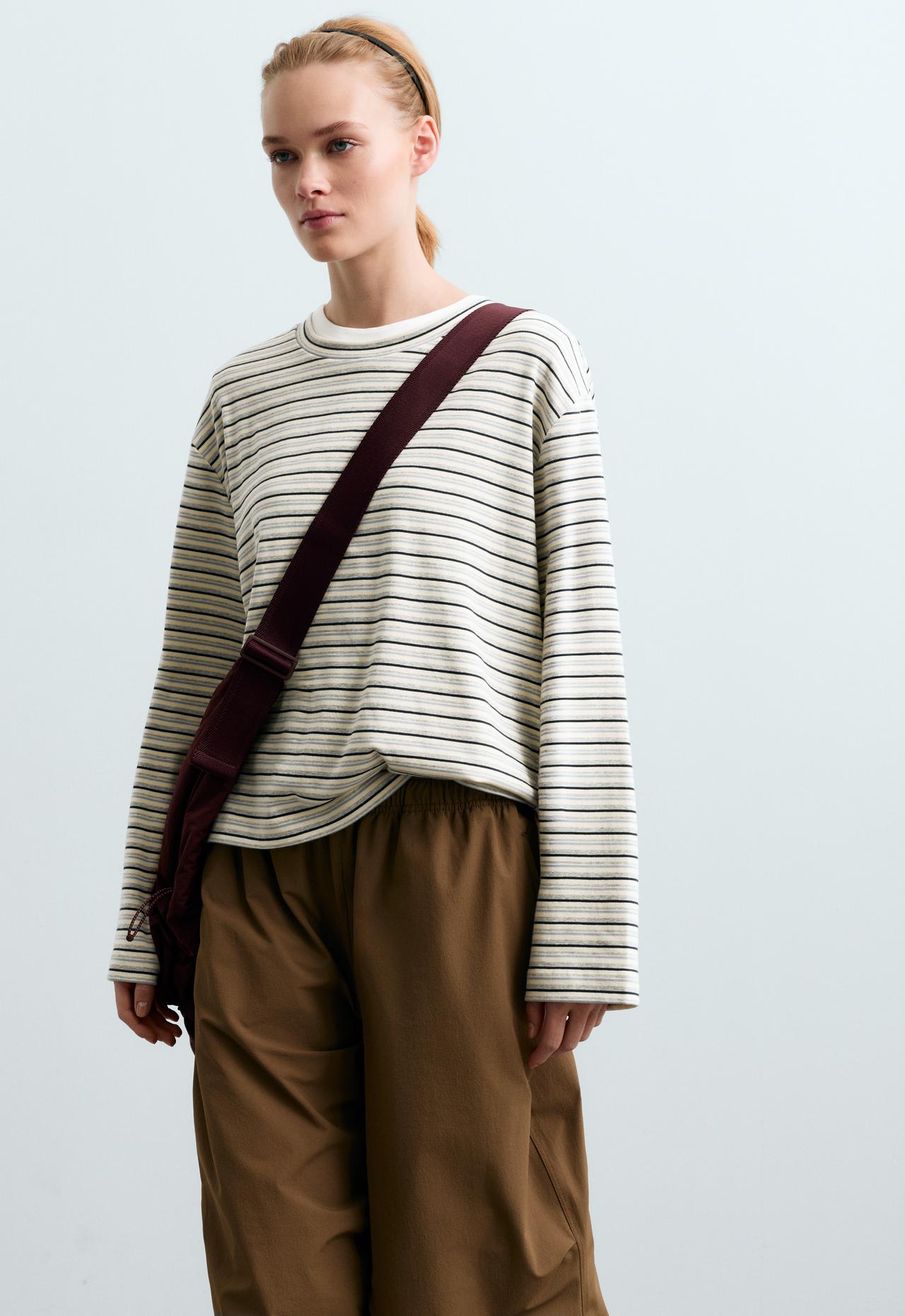 Relaxed long-sleeved cotton-blend striped t-shirt — PALE GREY