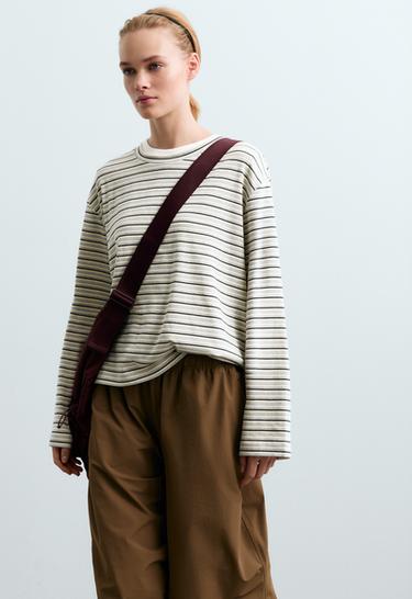 Relaxed long-sleeved cotton-blend striped t-shirt — PALE GREY 2