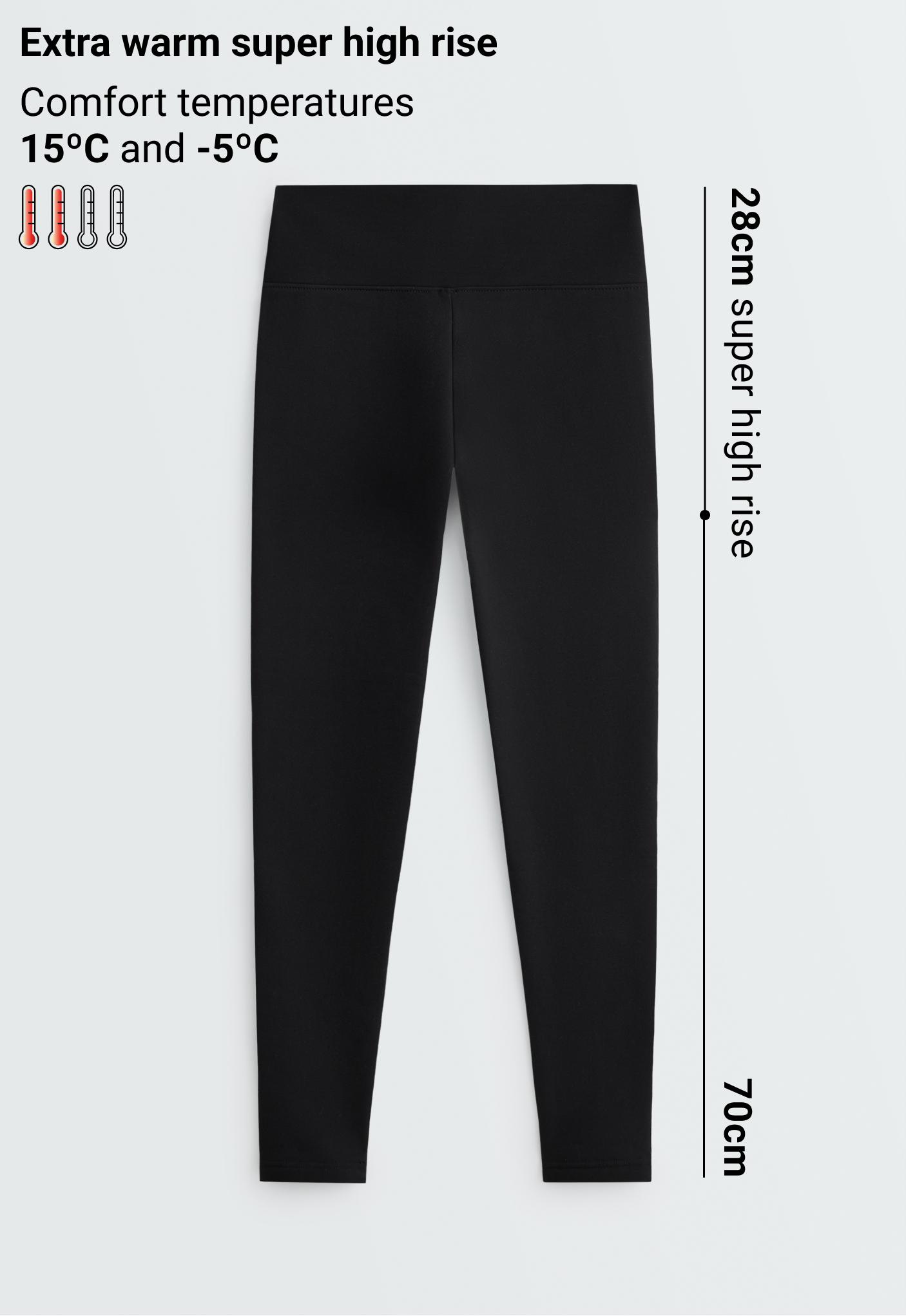 Front view of long black leggings with a wide, high waistband.