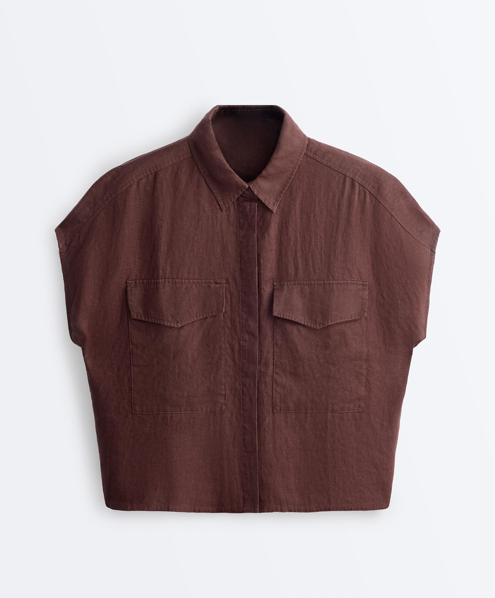 100% linen collared shirt with pockets — CHOCOLATE