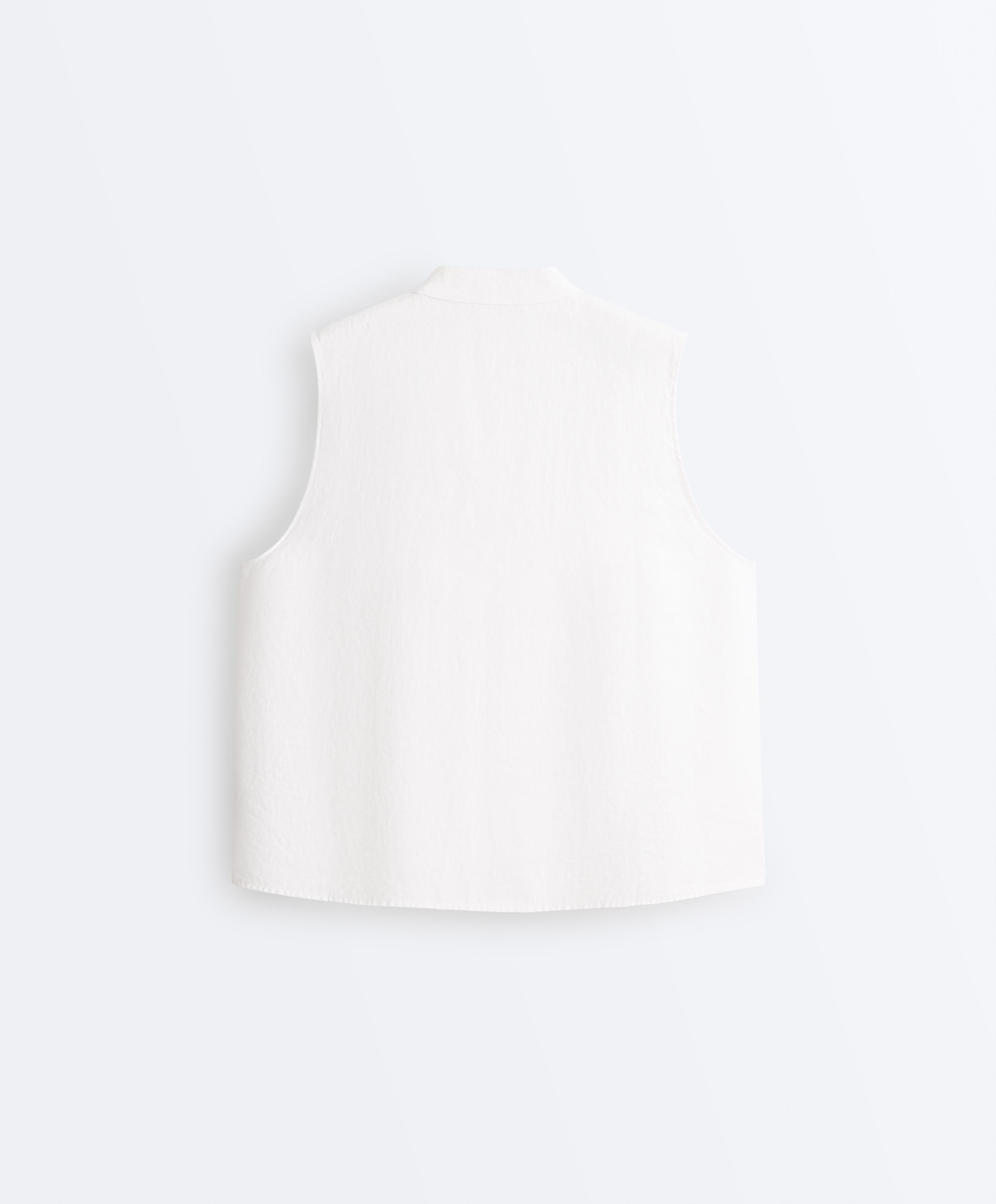 100% linen sleeveless stand-up collar shirt — WHITE