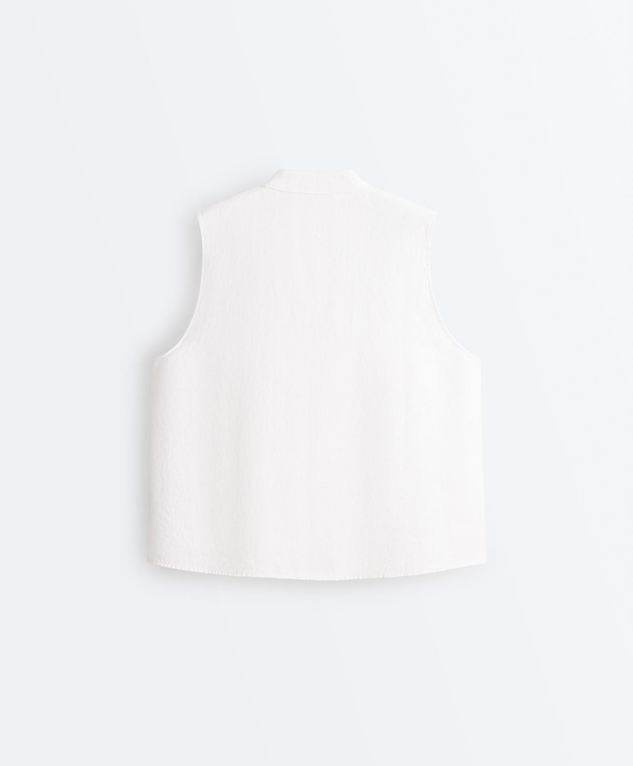 100% linen sleeveless stand-up collar shirt — WHITE 