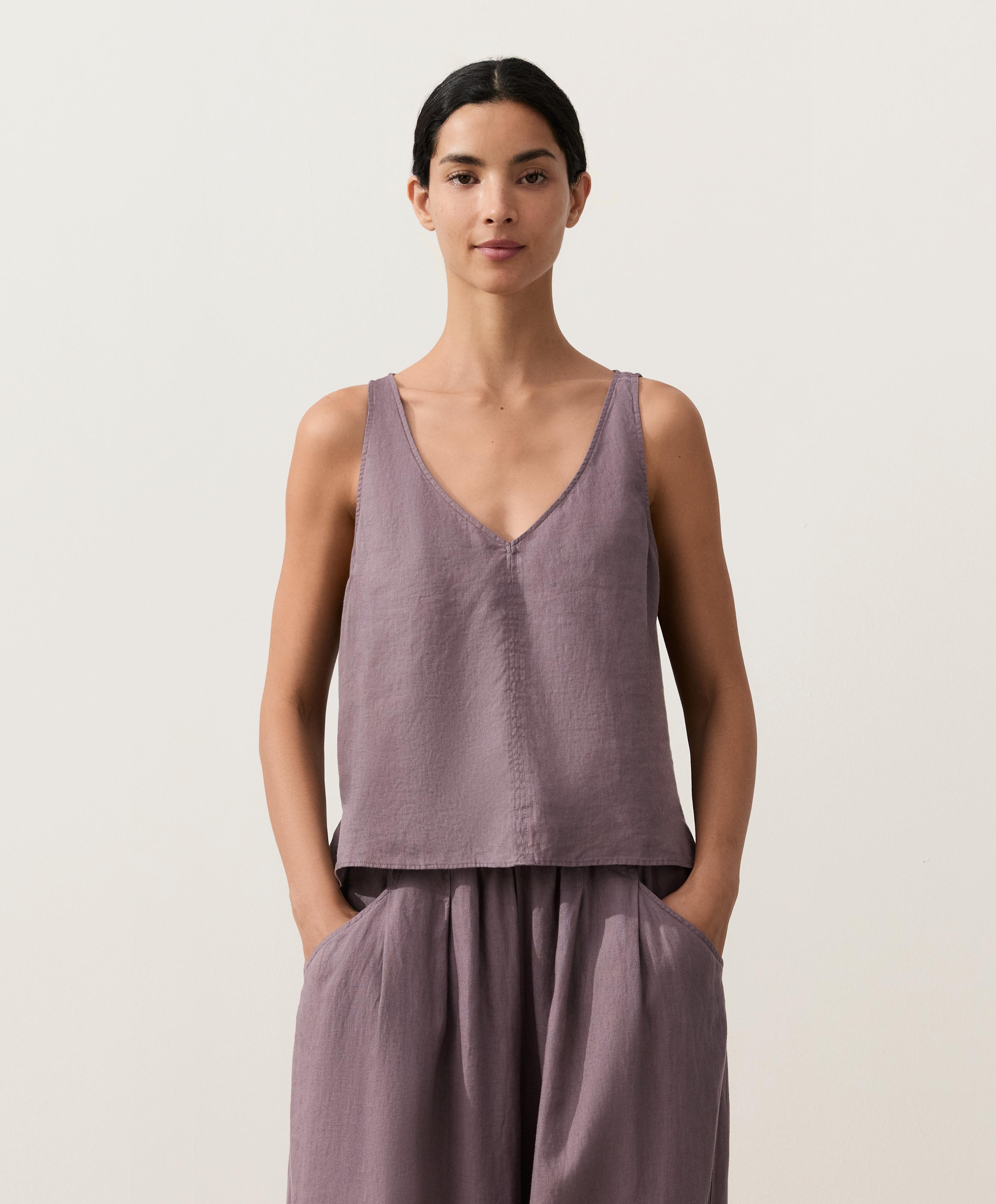 100% linen V-neck strap top — DUSTY LILAC