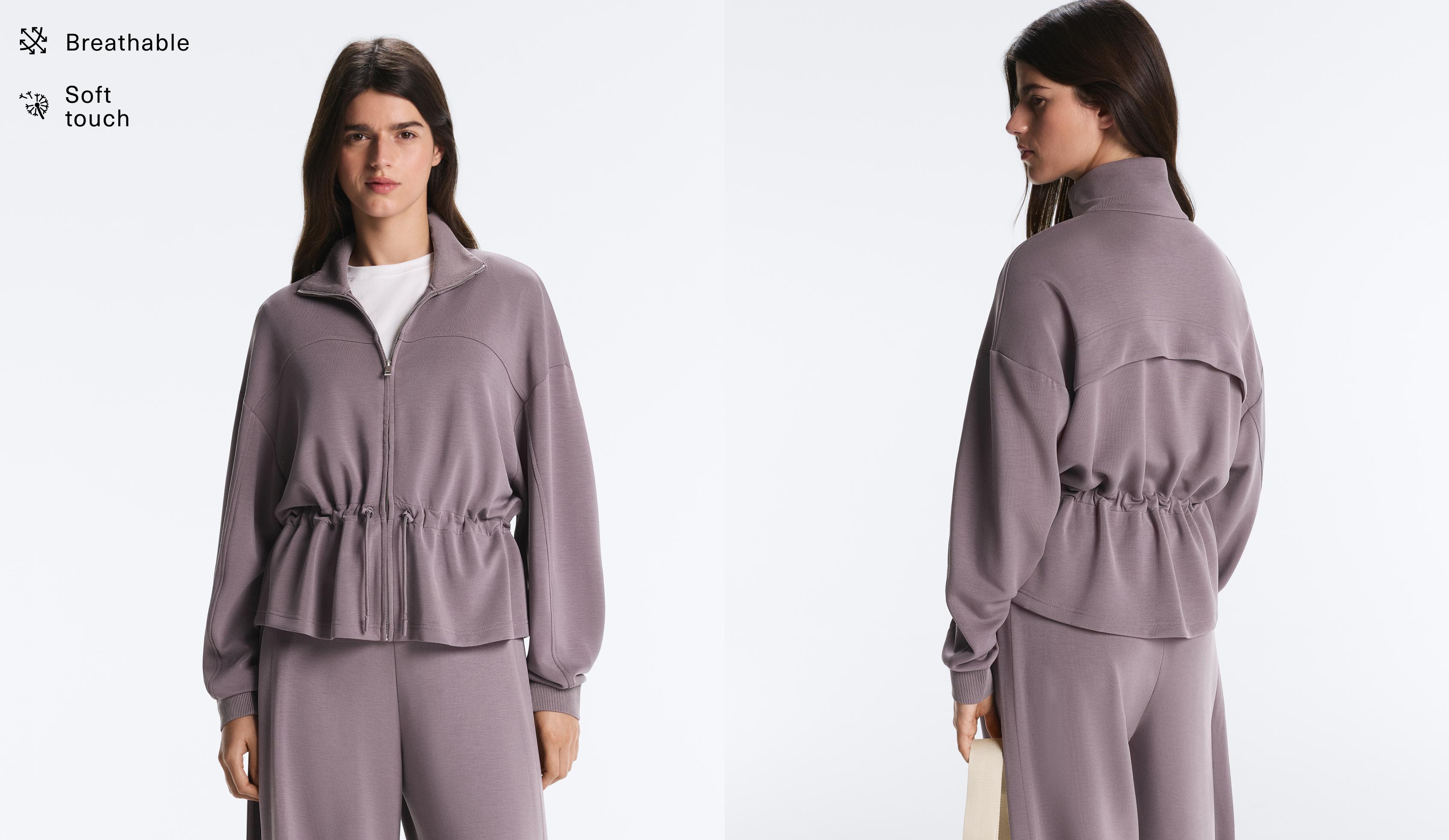 Soft-touch modal jacket with adjustable waist and high collar — GREY-LILAC
