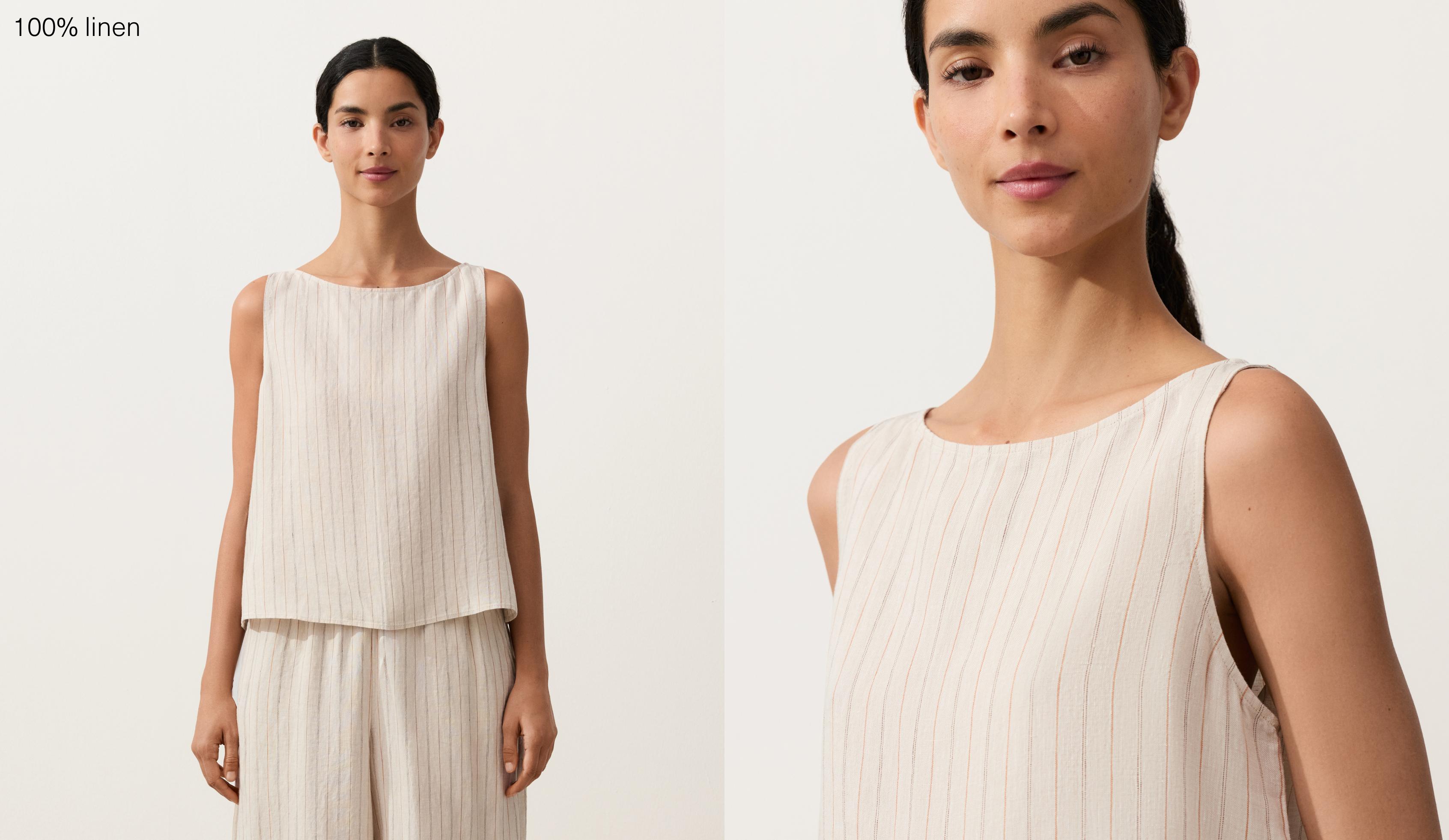 100% linen striped square top — SAND MELANGE