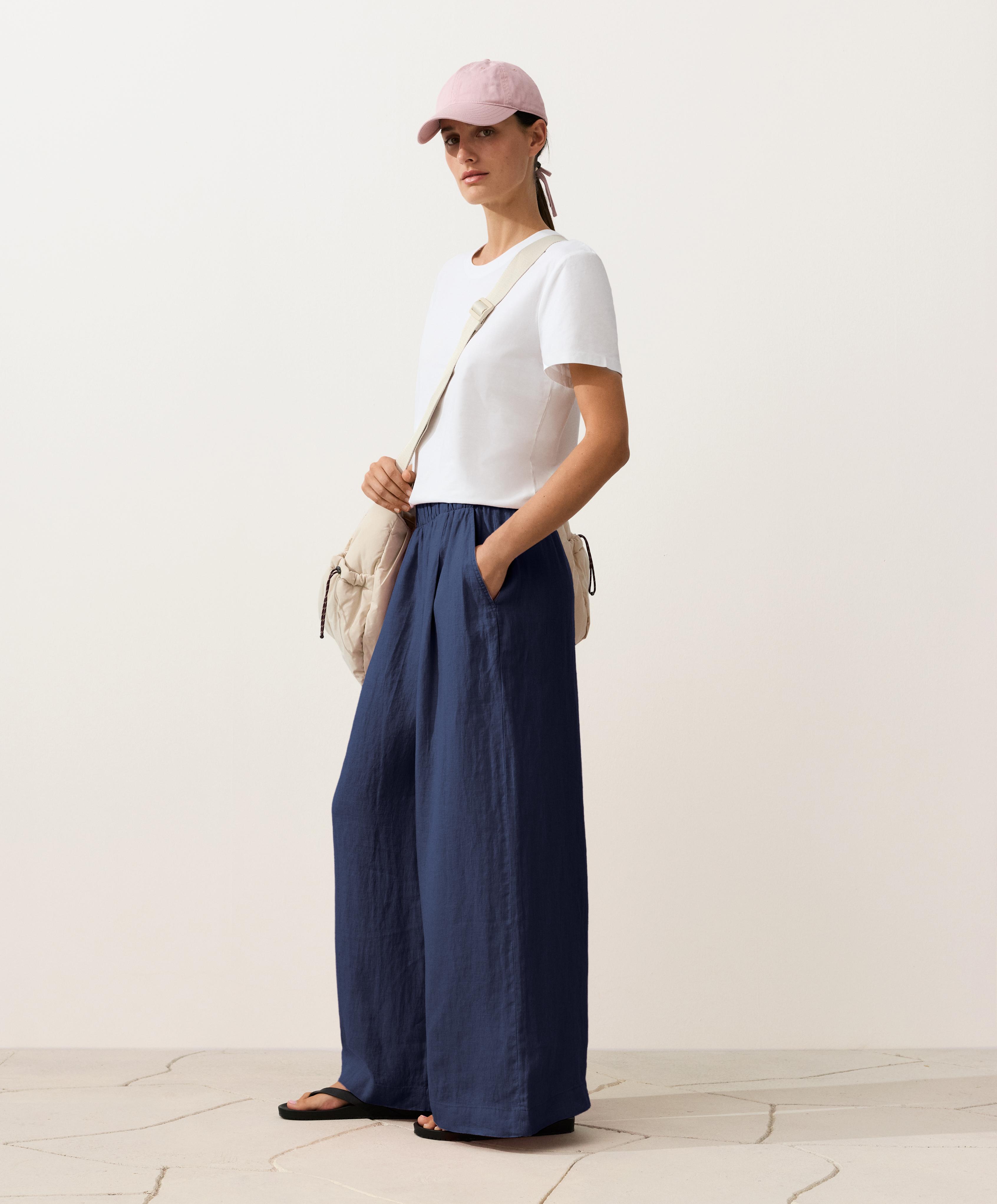 100% linen wide-leg trousers — NAVY