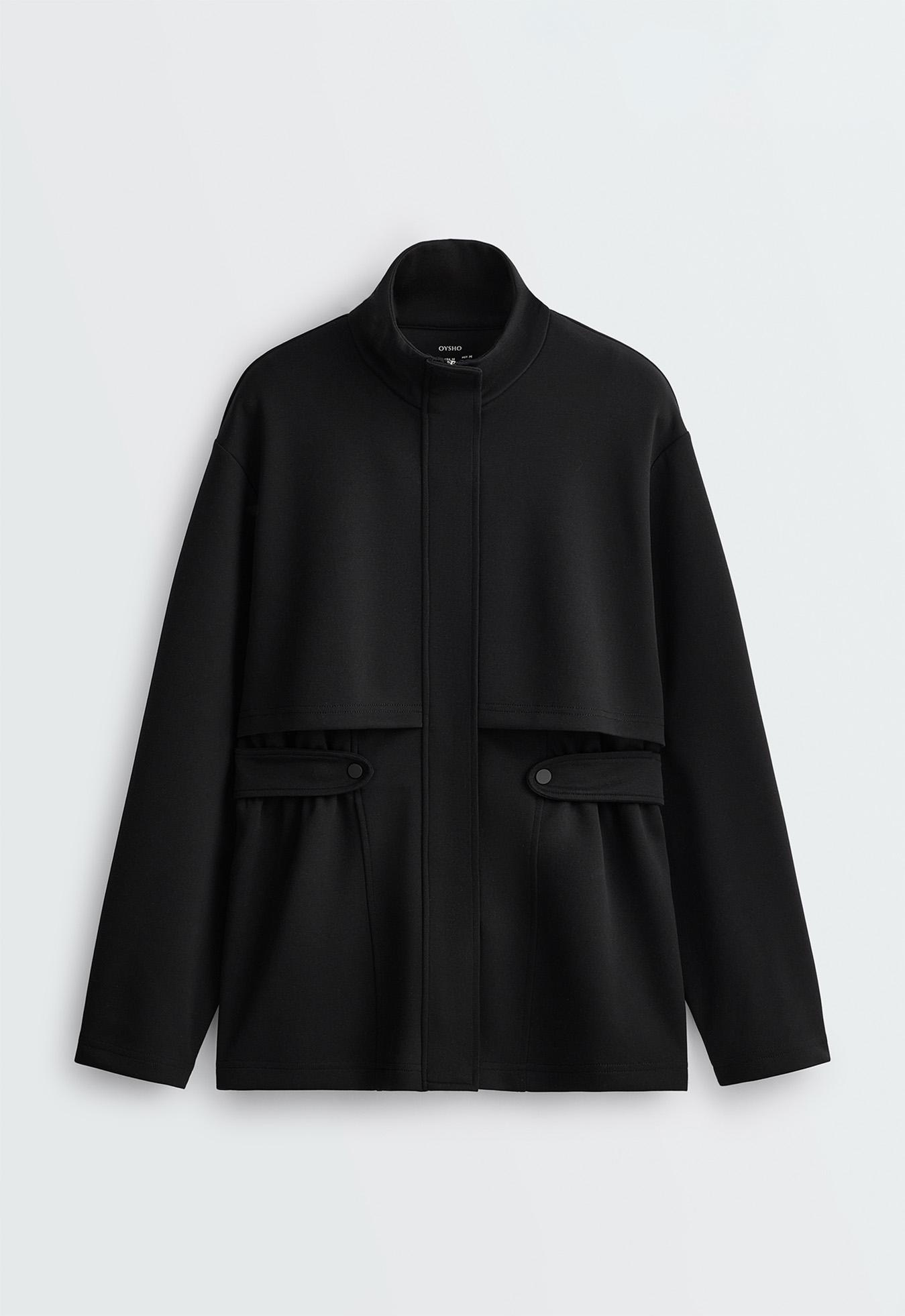 Long piqué jacket with belt — BLACK