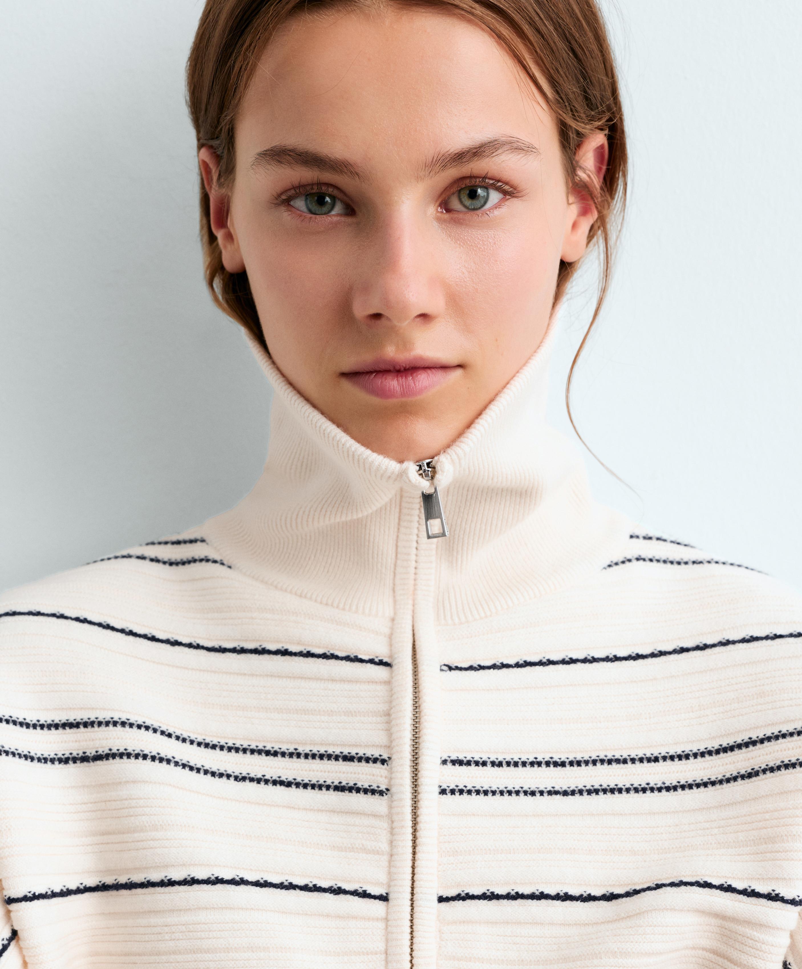 High-neck striped knit jumper — PALE ECRU