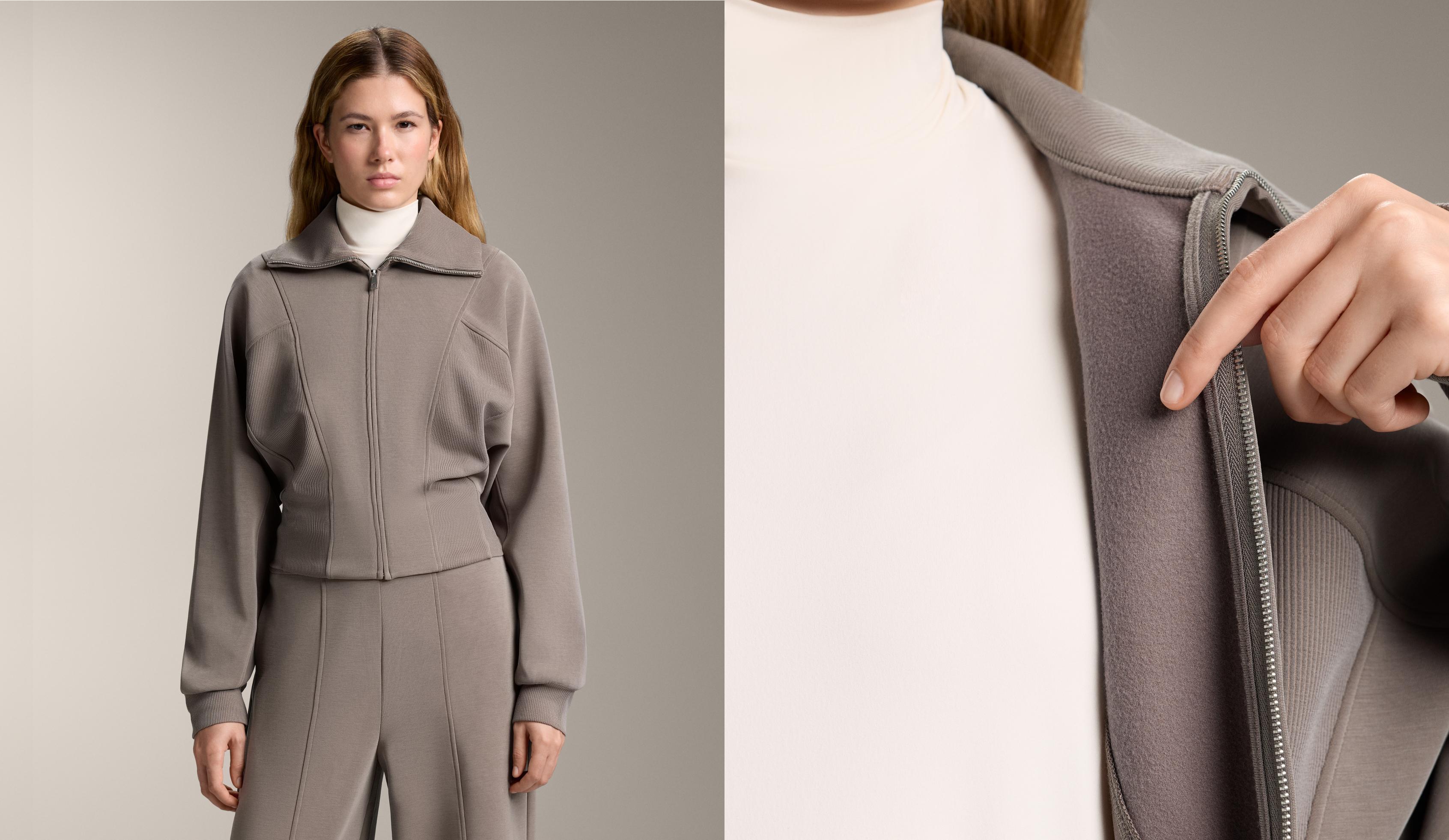 High-neck jacket with rib details and brushed modal