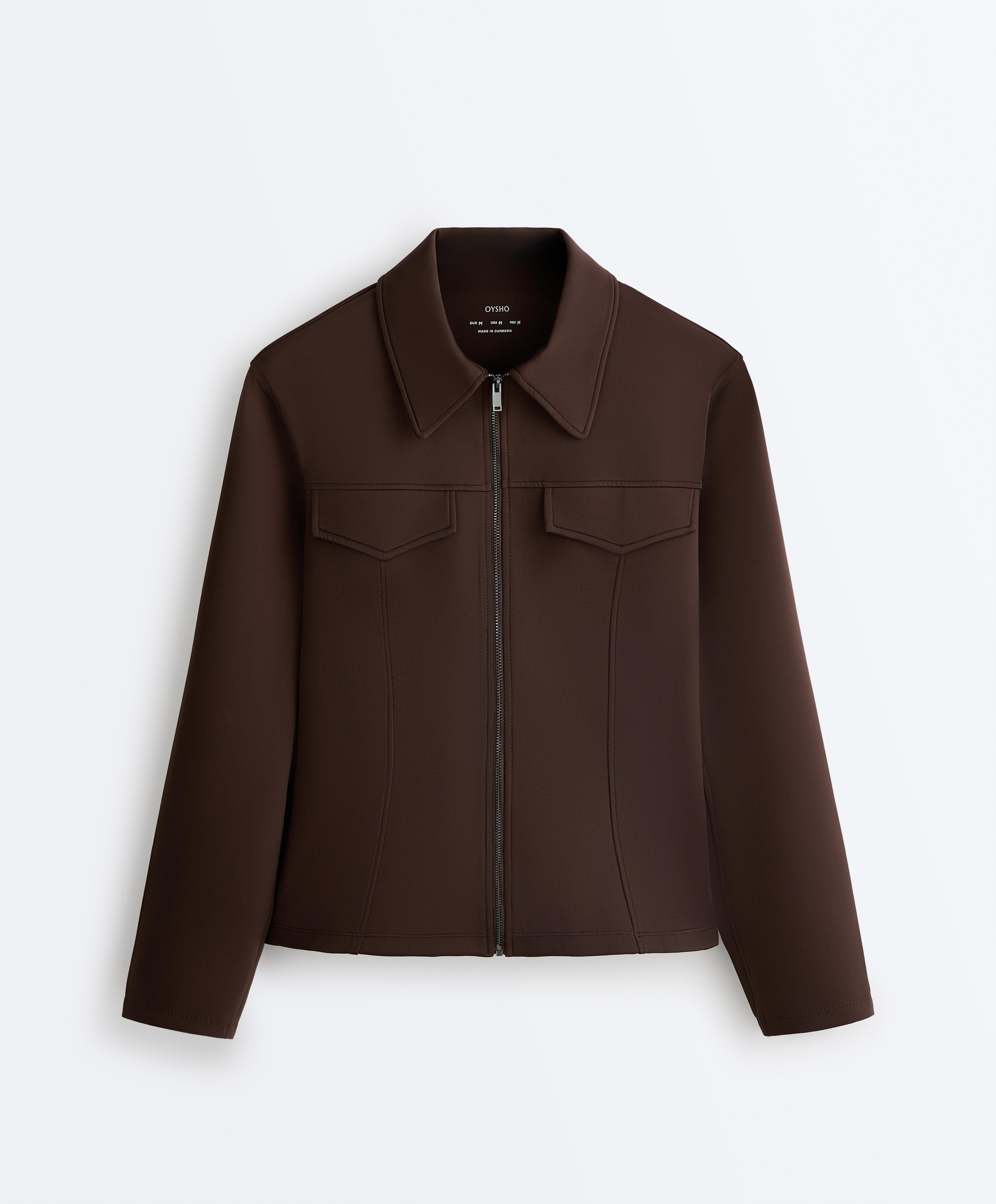 Neoprene-effect peplum jacket with ribbing — BROWN