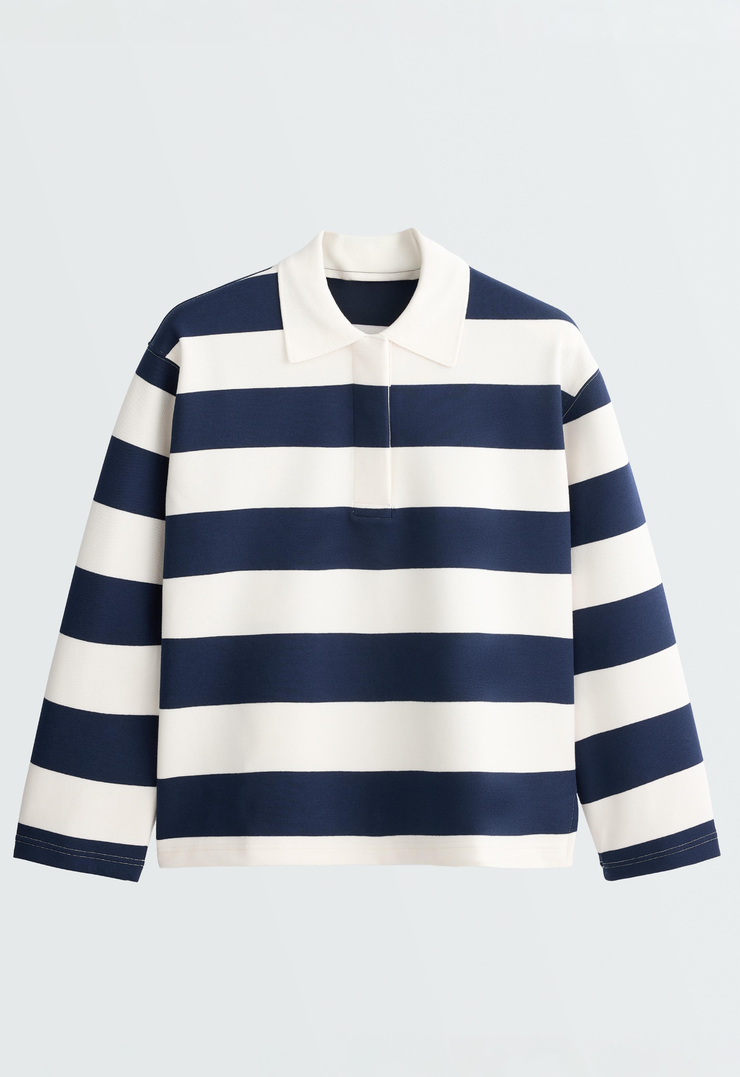 Striped jacquard cotton piqué polo shirt — NAVY BLUE