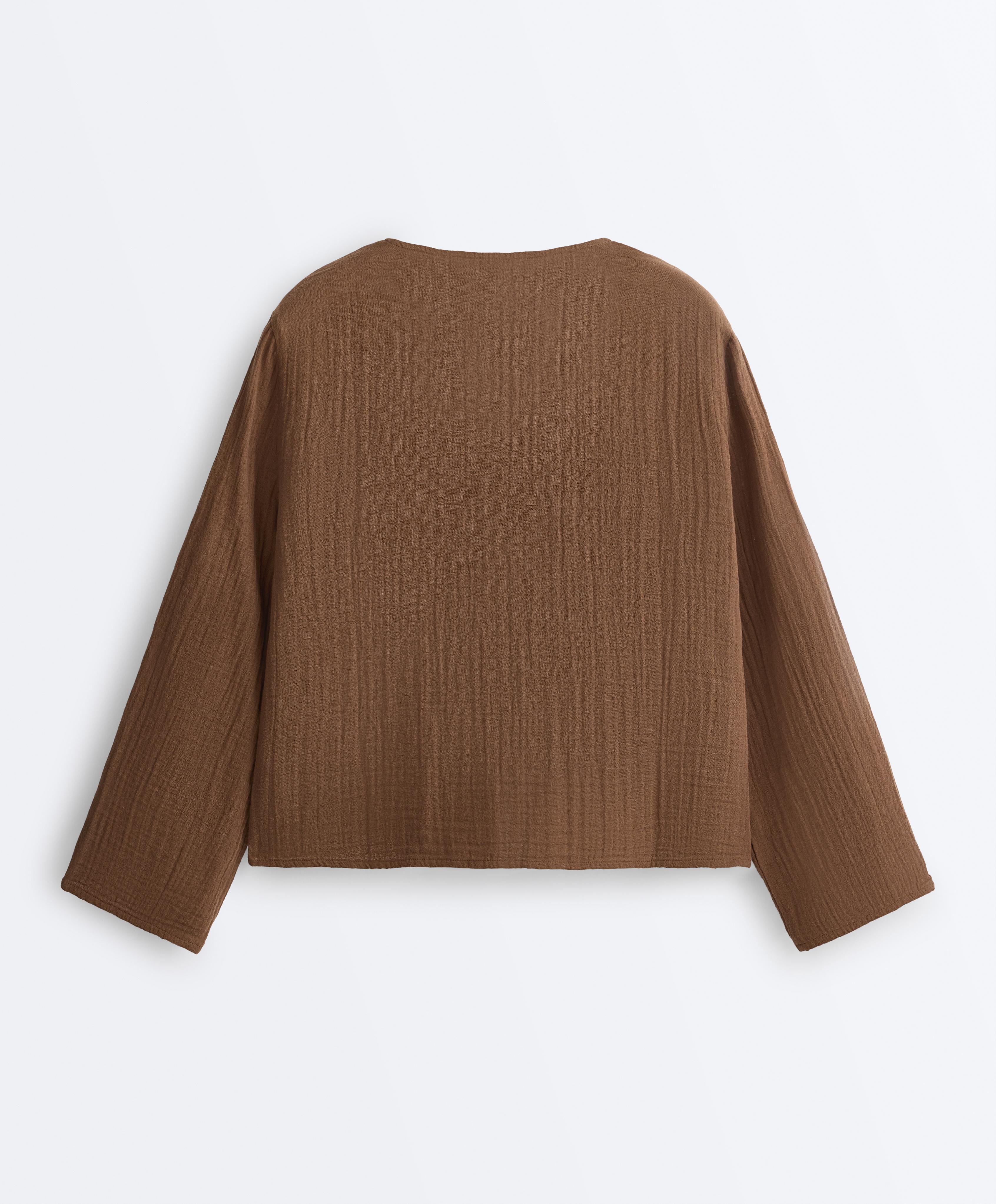 100% cotton gauze long-sleeved tie-front shirt — TAN