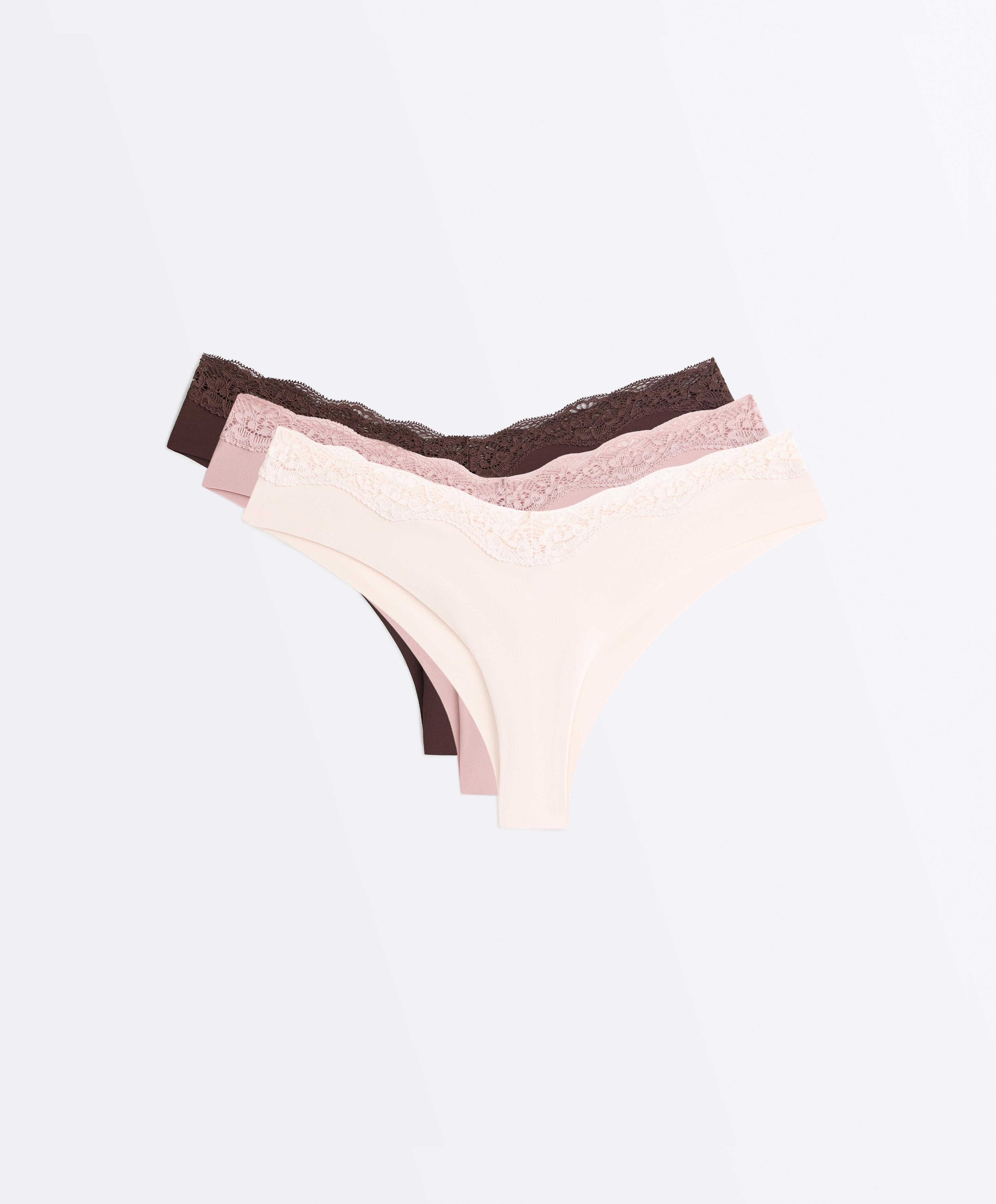 3 laser-cut polyamide blend lace Brazilian briefs — CHOCOLATE