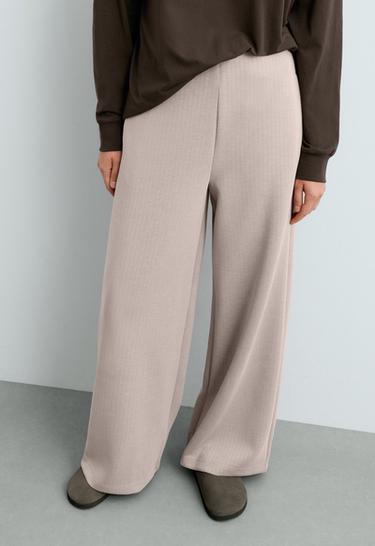 Straight-leg super high rise trousers with modal pinstripe — TAN MELANGE 3