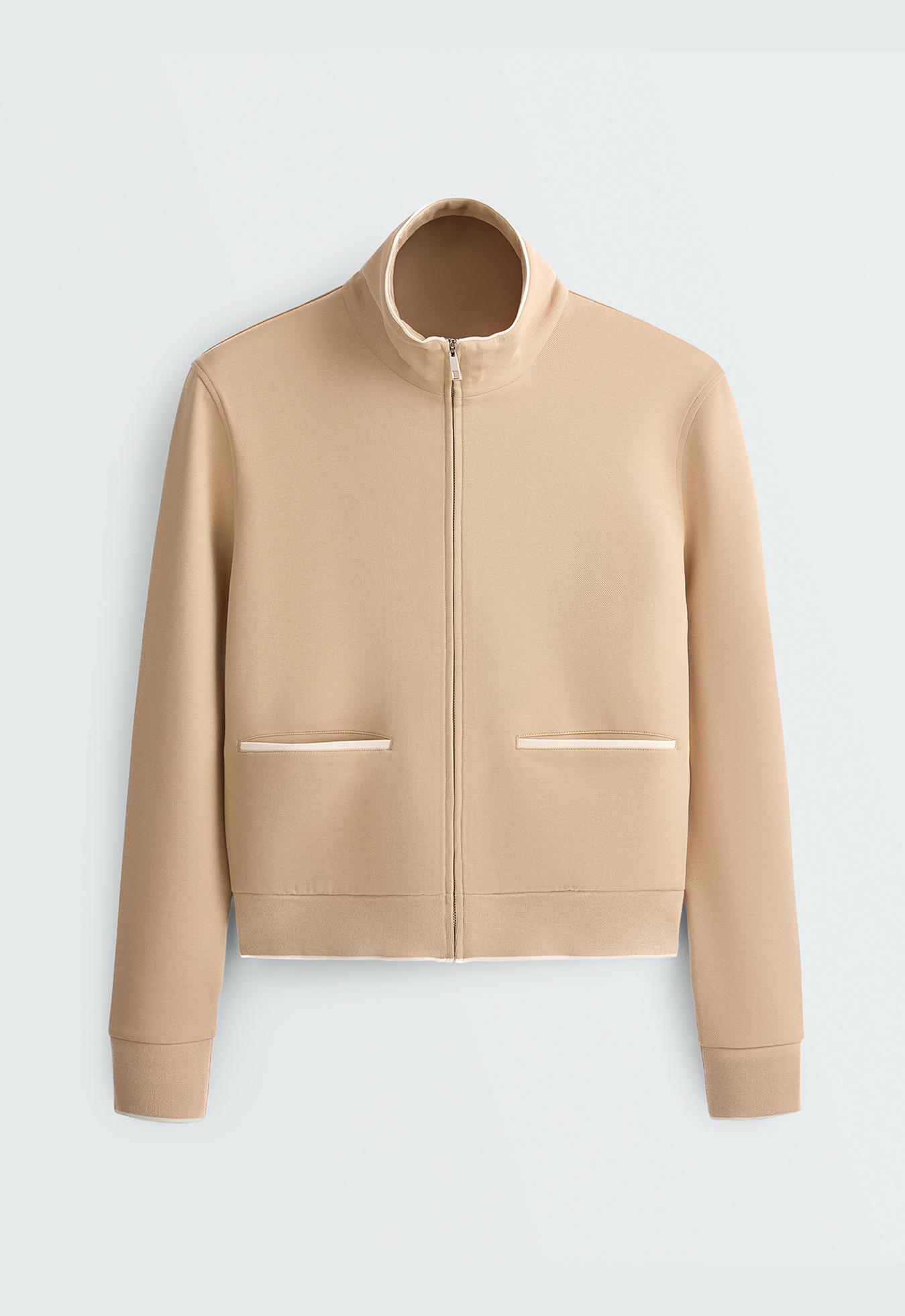 Cotton piqué jacket with piping — BEIGE