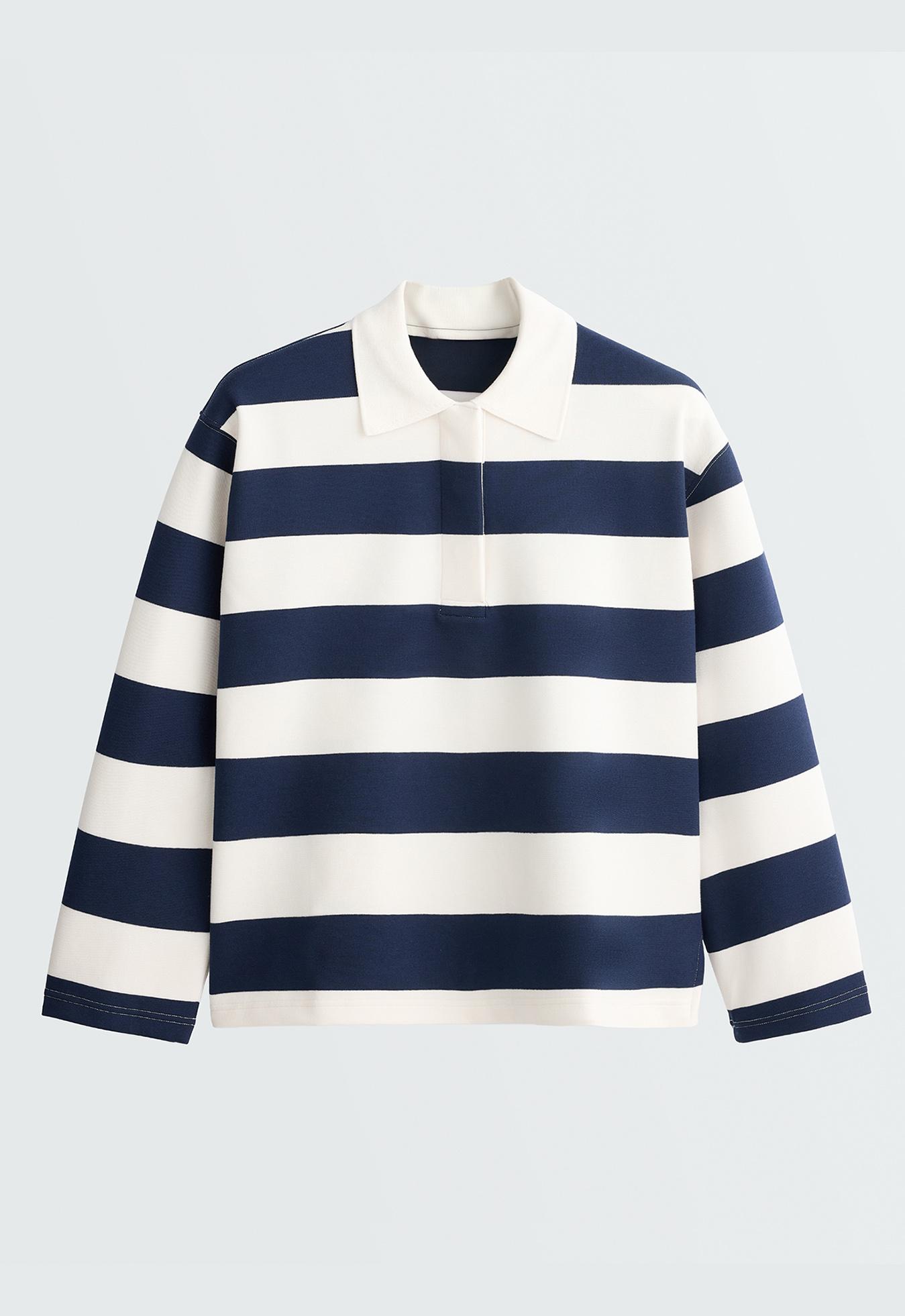 Striped jacquard cotton piqué polo shirt — NAVY BLUE