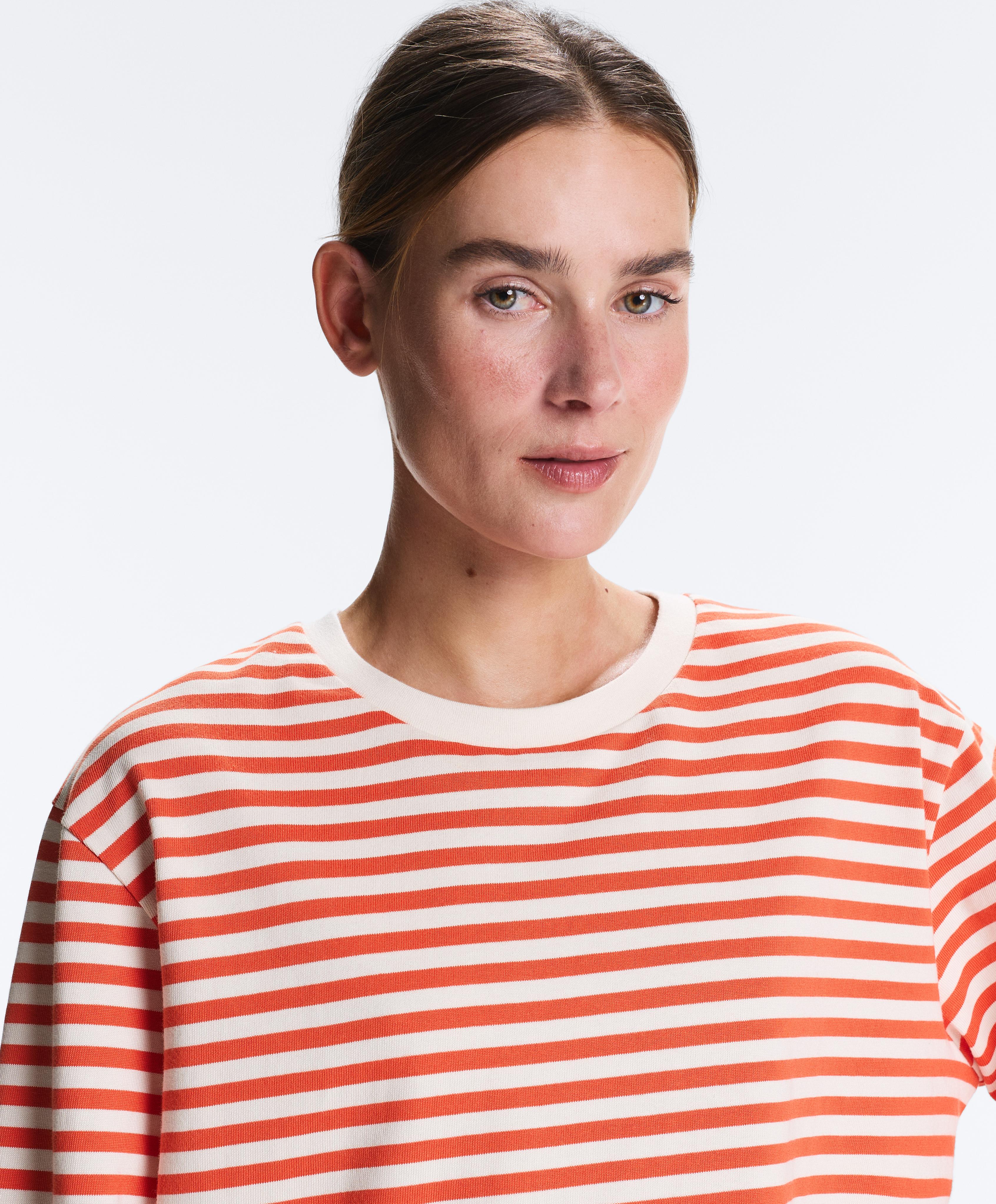 Boxy long-sleeved stripe 100% cotton T-shirt — BRIGHT ORANGE