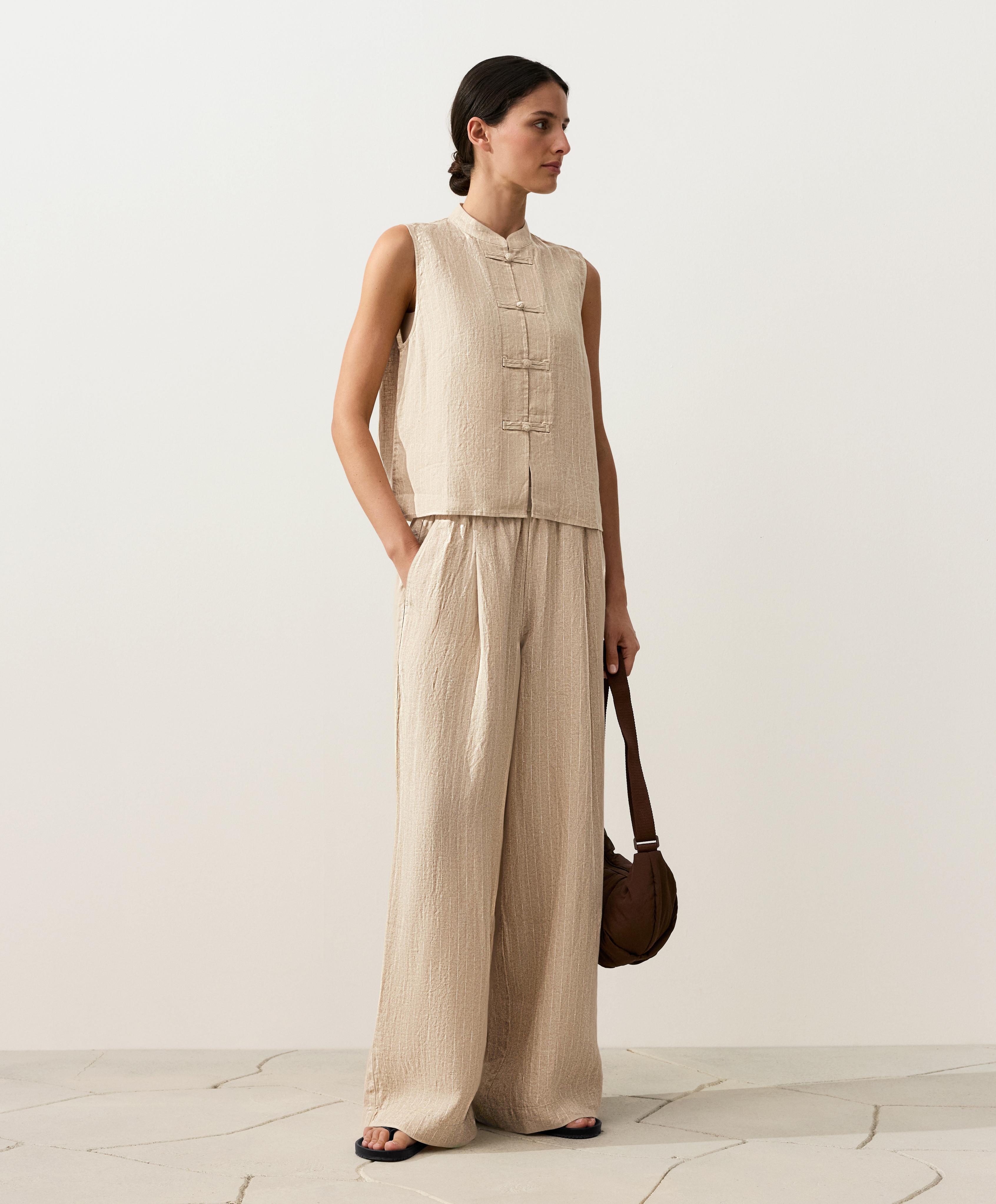 100% linen sleeveless stand-up collar shirt — SANDY