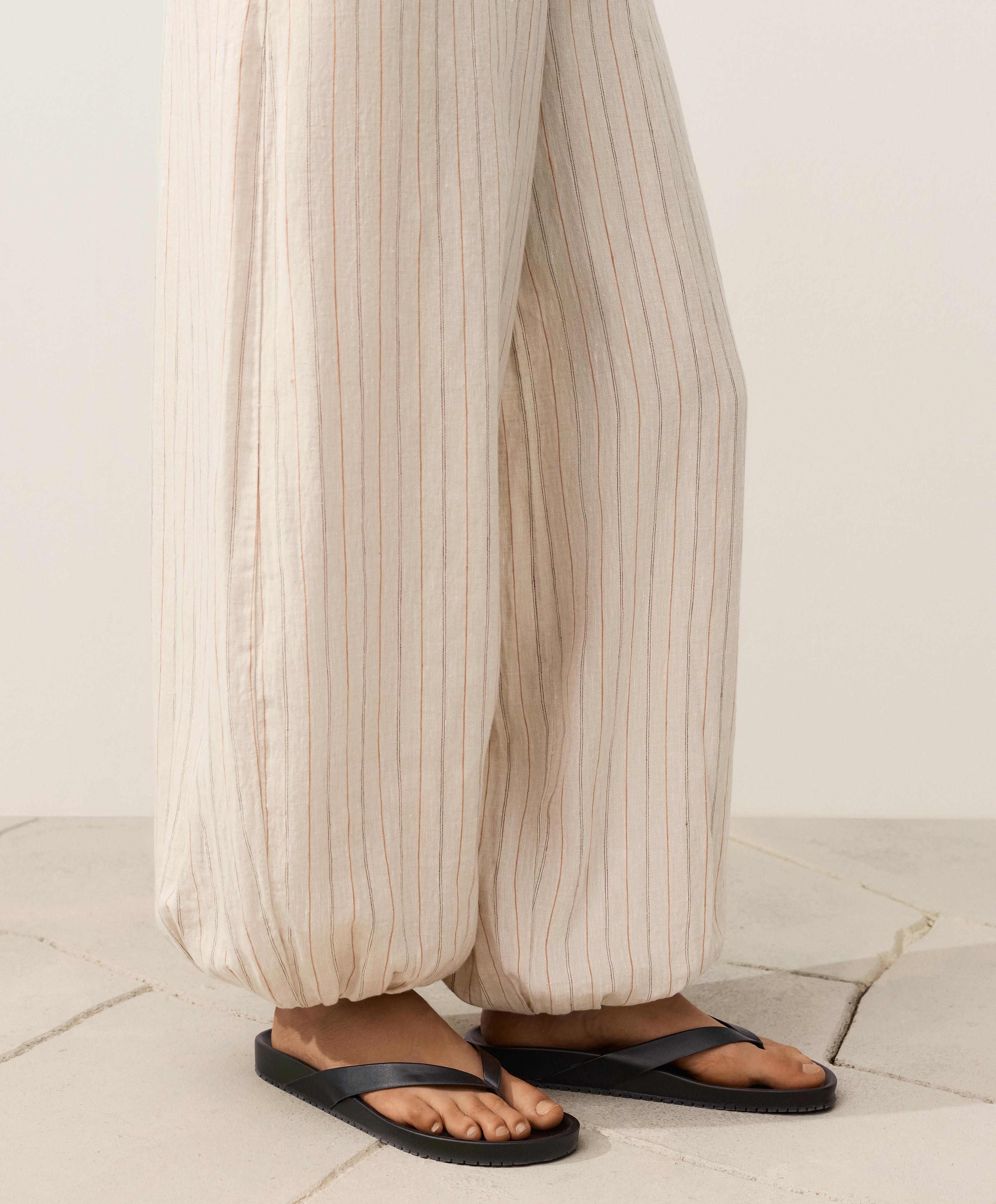 100% linen striped bloomer trousers — SAND MELANGE