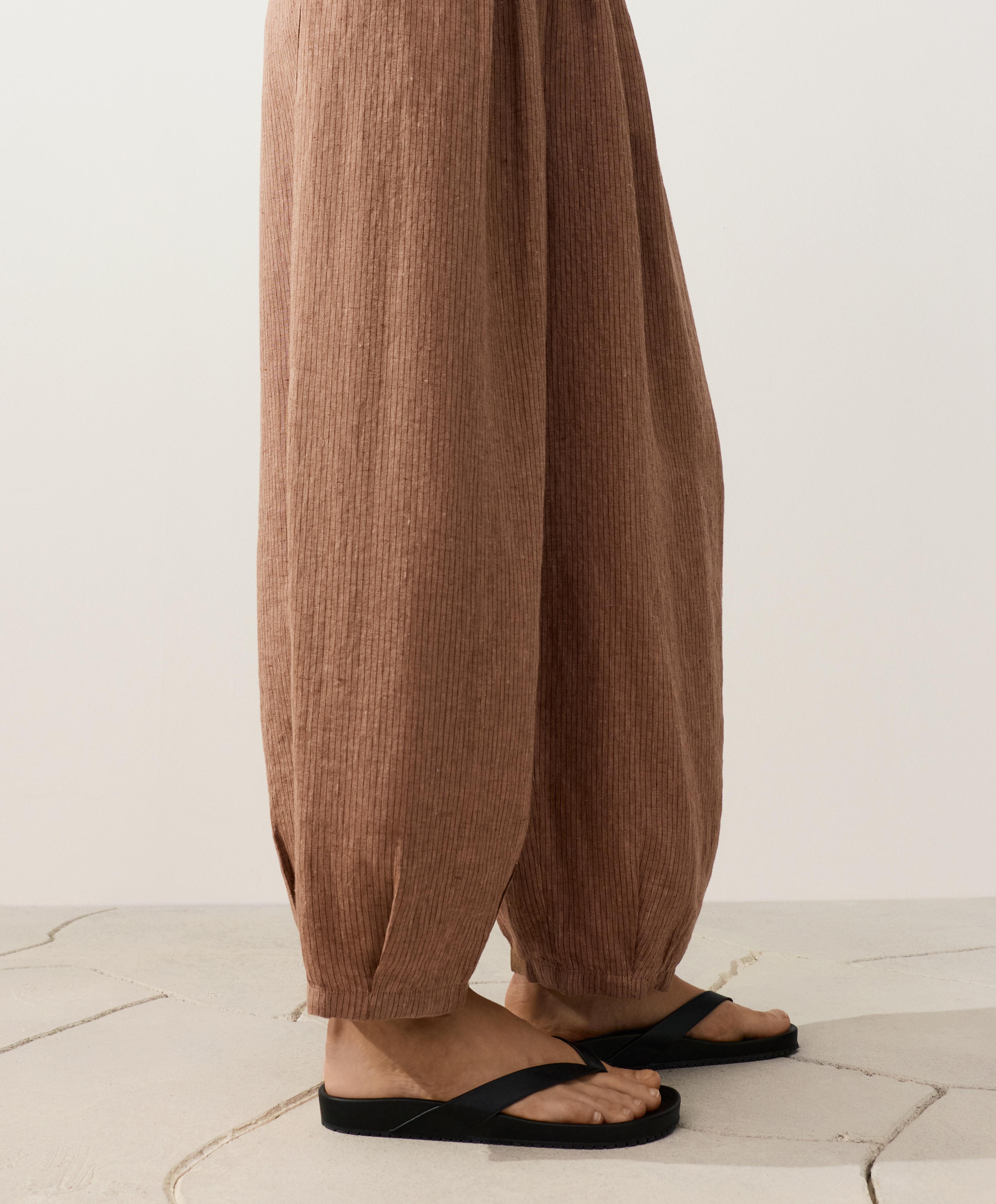 100% linen striped balloon trousers — TAN MELANGE