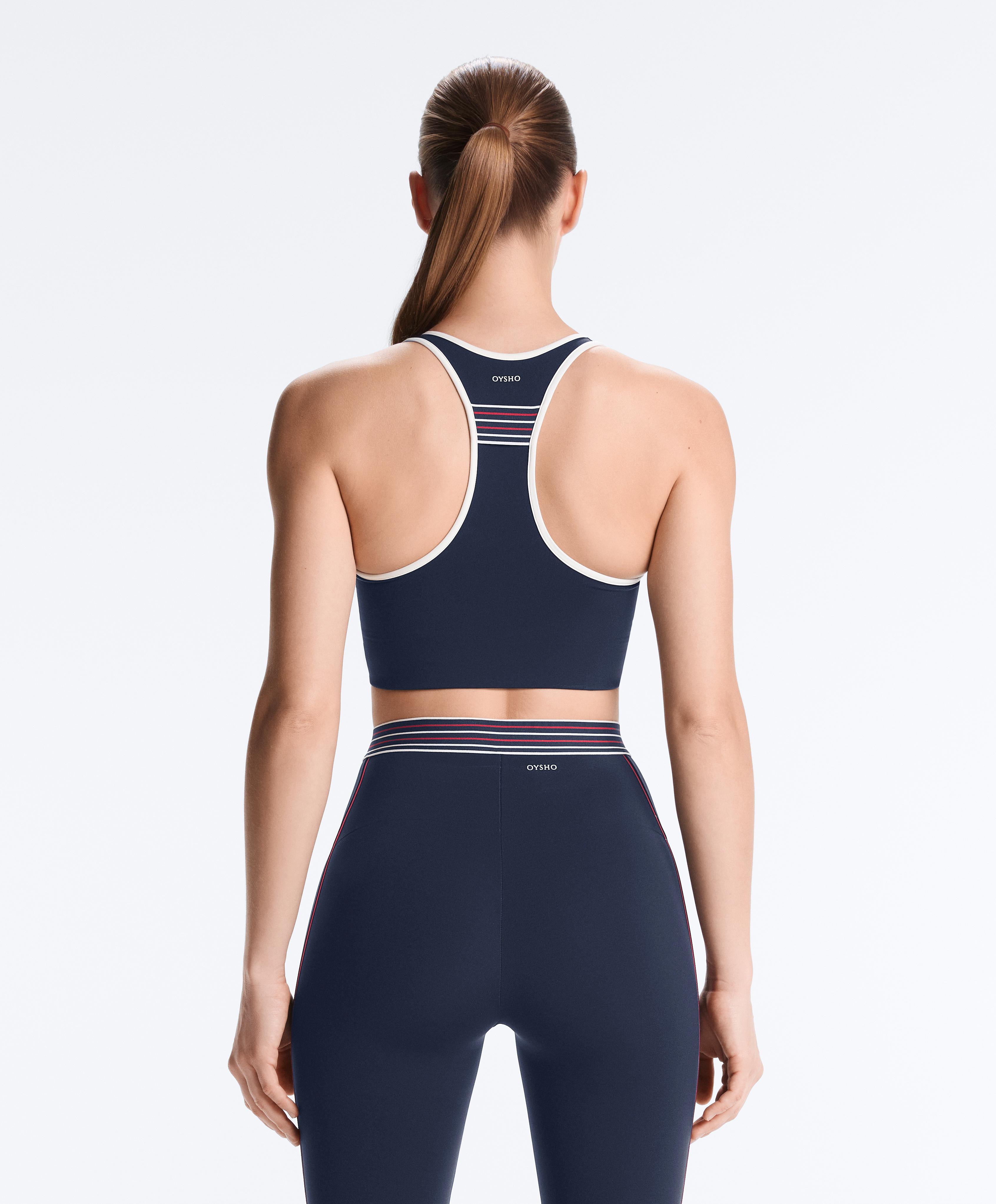 Compressive medium-support sports bra with cups and loop — NAVY BLUE
