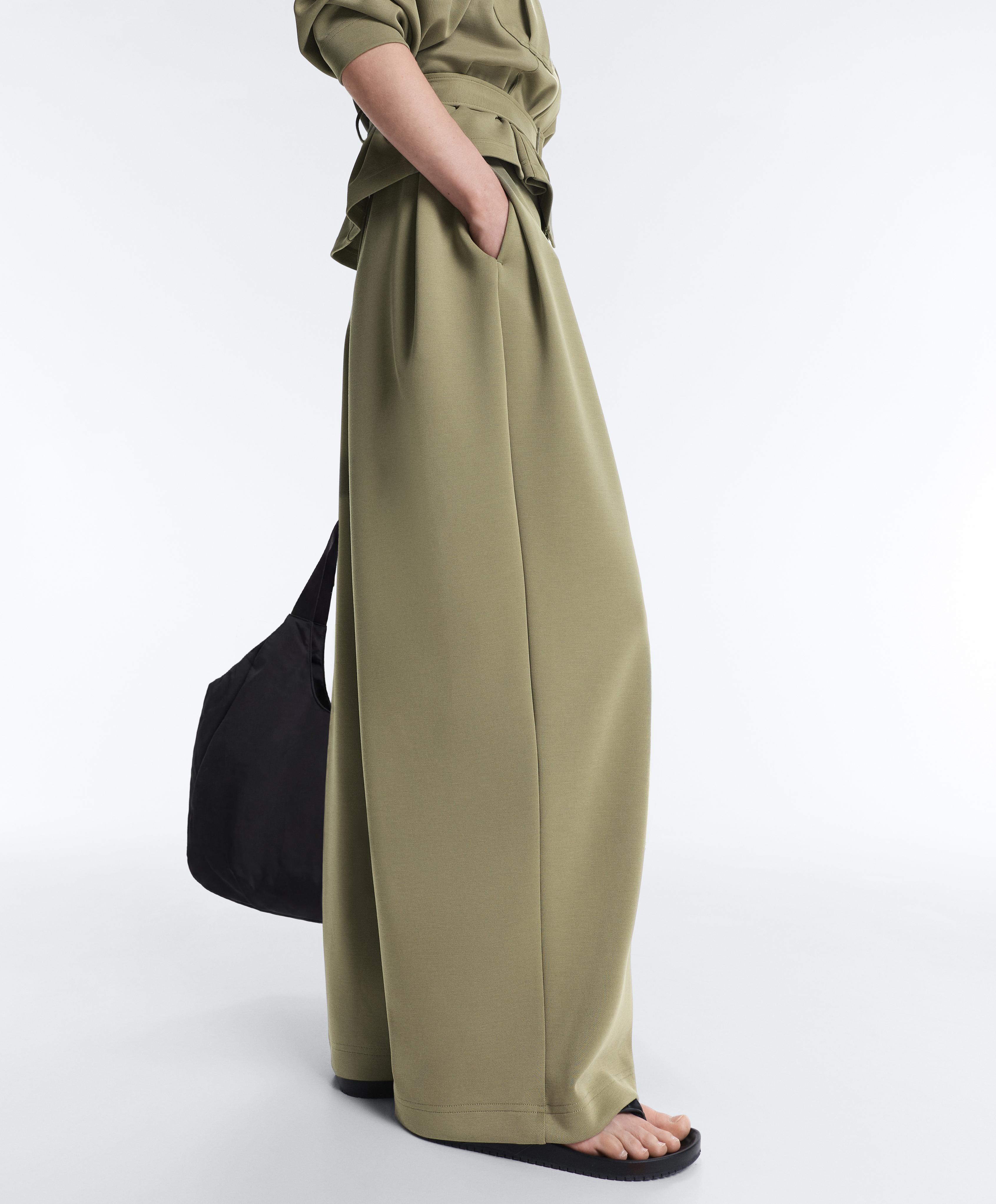 Wide-leg high rise pique trousers with buckles — YELLOW GREEN