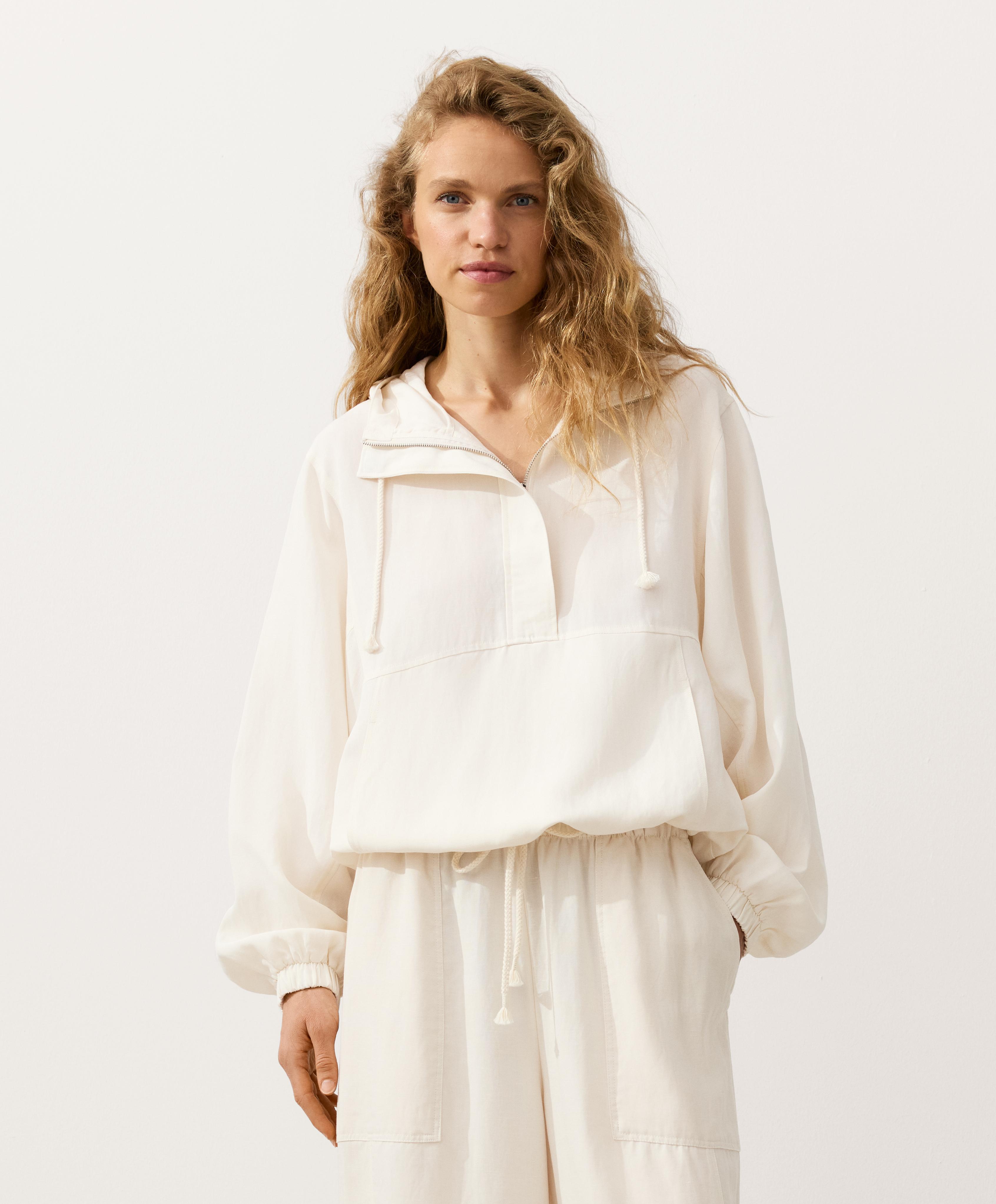 Half-zip sweatshirt with front pocket, lyocell and 24% linen blend — PALE ECRU