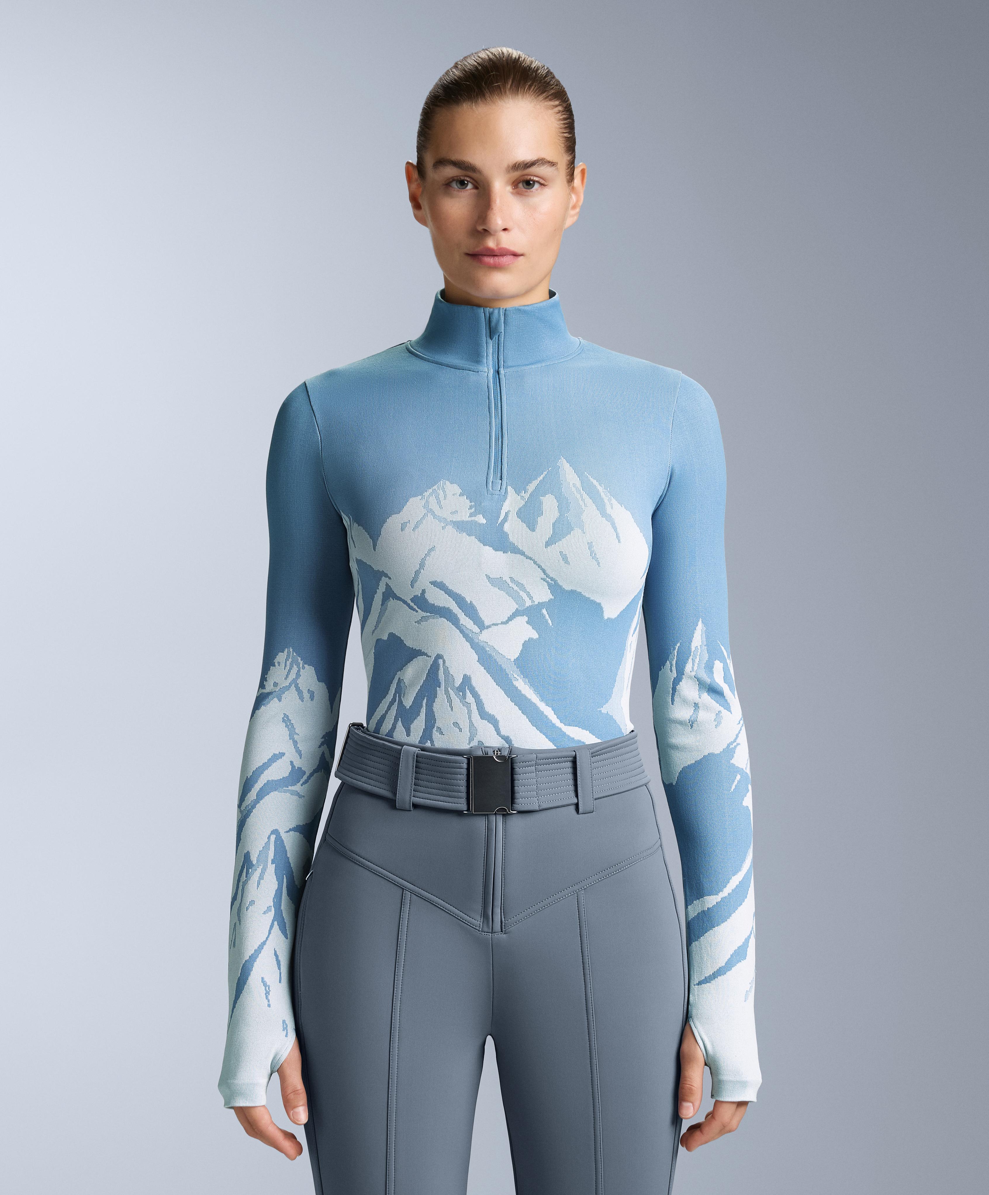 Seamless base layer thermal T-shirt with half zip and print — PALE BLUE