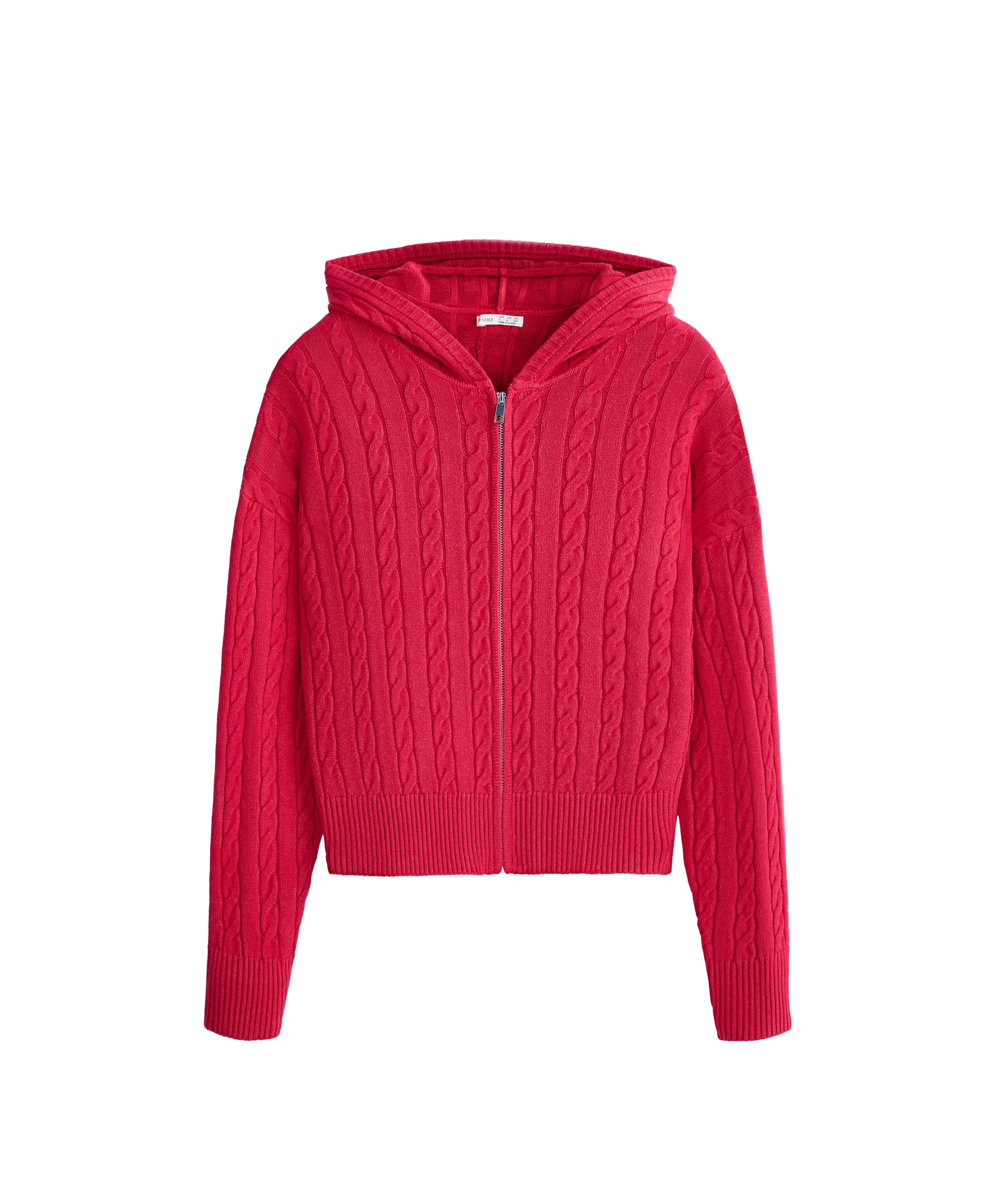 Washed cable knit hooded jacket — RED