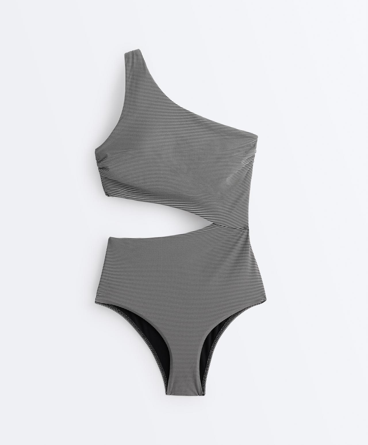 Mini gingham asymmetric trikini — BLACK