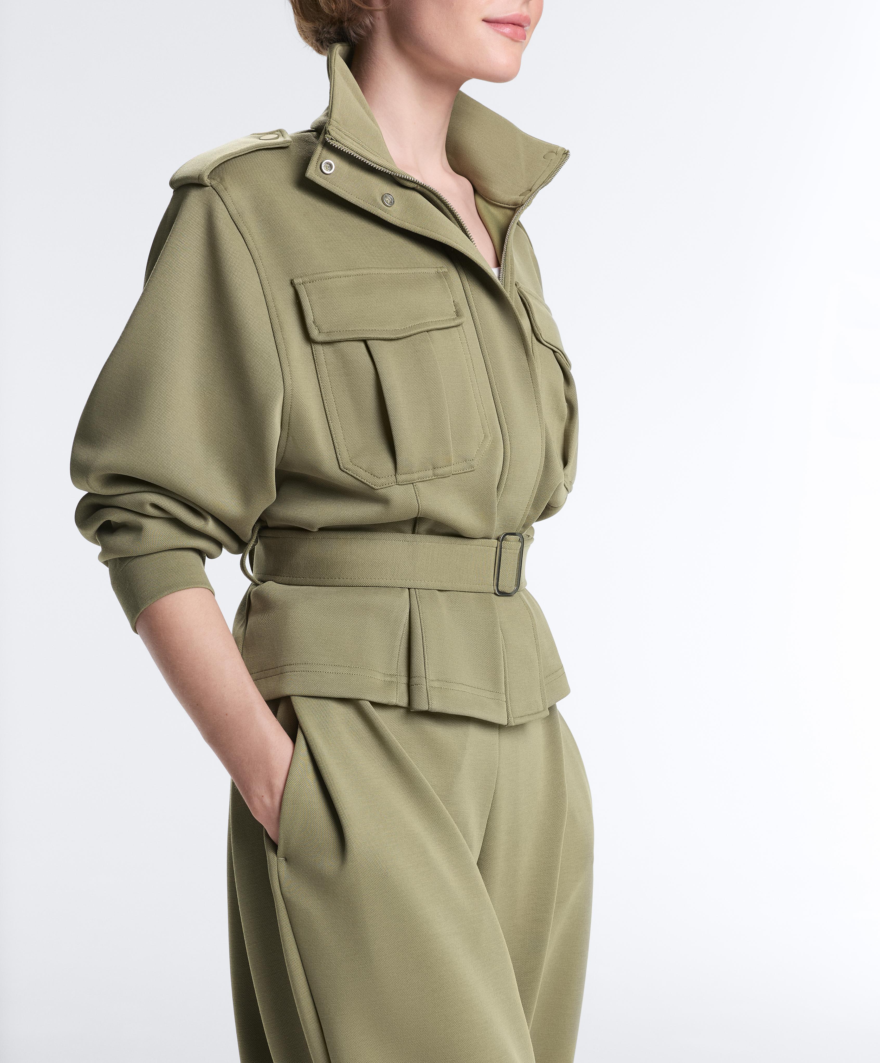 Cropped piqué utility jacket with belt — YELLOW GREEN
