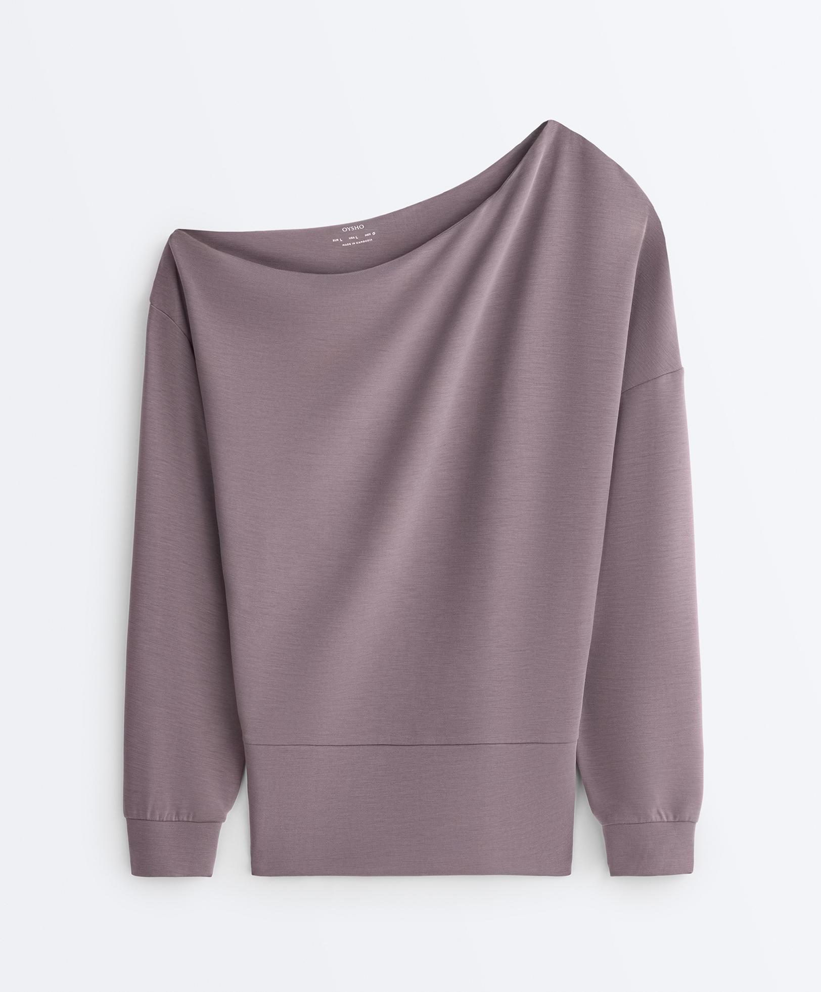 Asymmetric neck sweatshirt with adjustable waist and soft-touch modal — GREY-LILAC