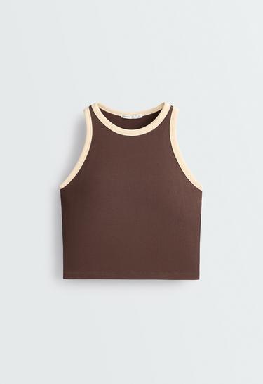 Colour-contrast rib modal blend long tank top — COCOA 6