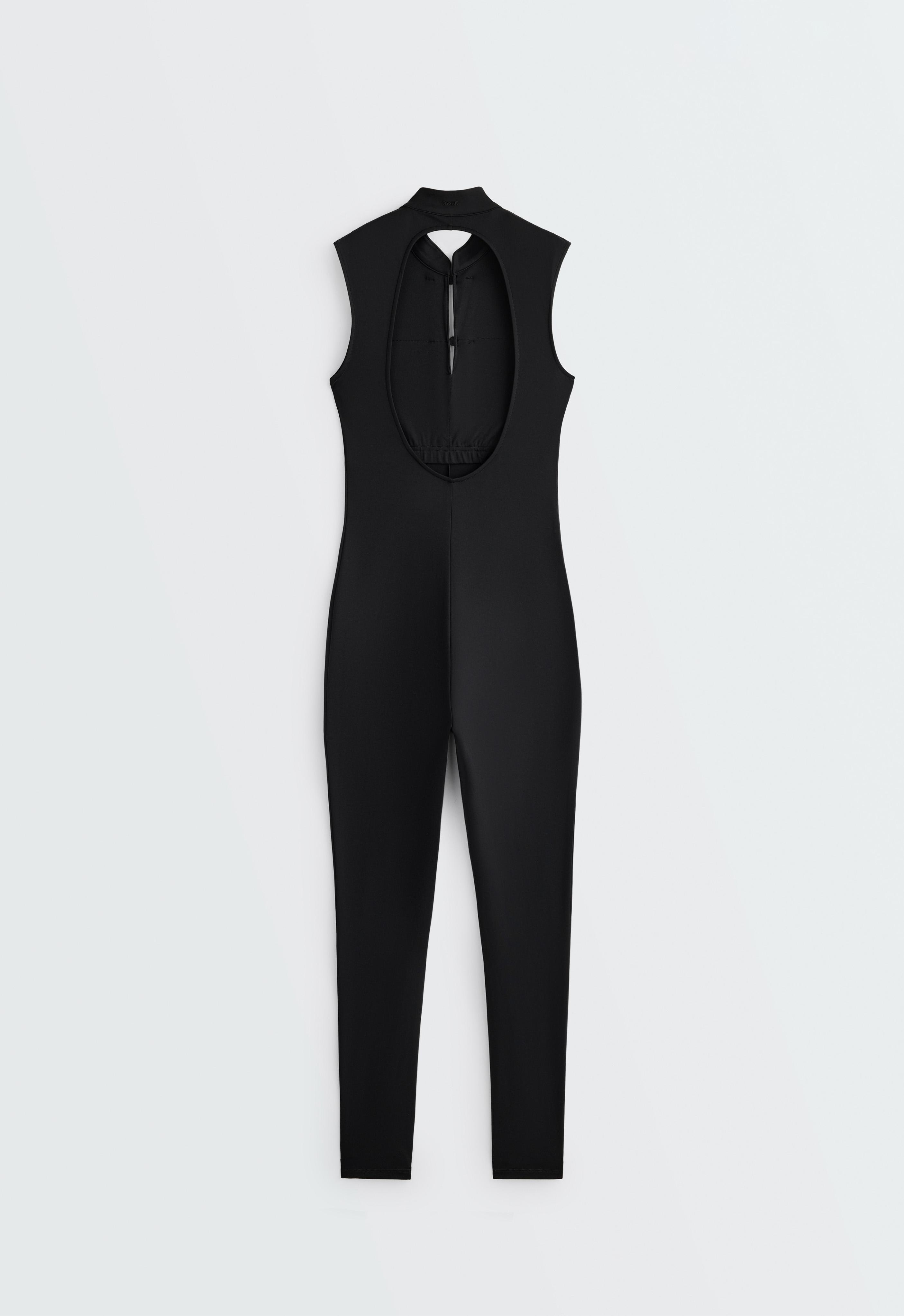 Comfortlux long jumpsuit with mandarin collar — BLACK