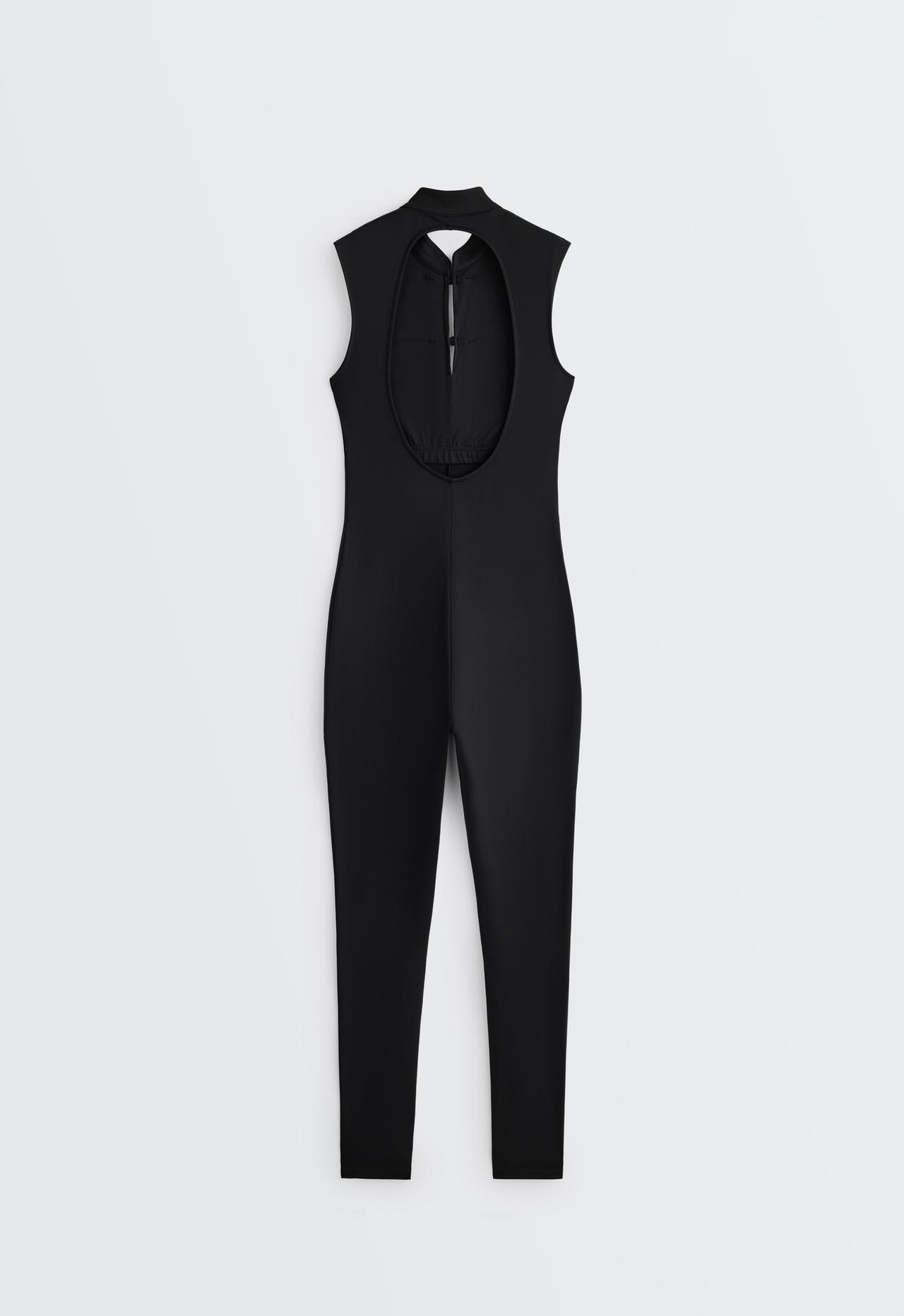 Comfortlux long jumpsuit with mandarin collar — BLACK