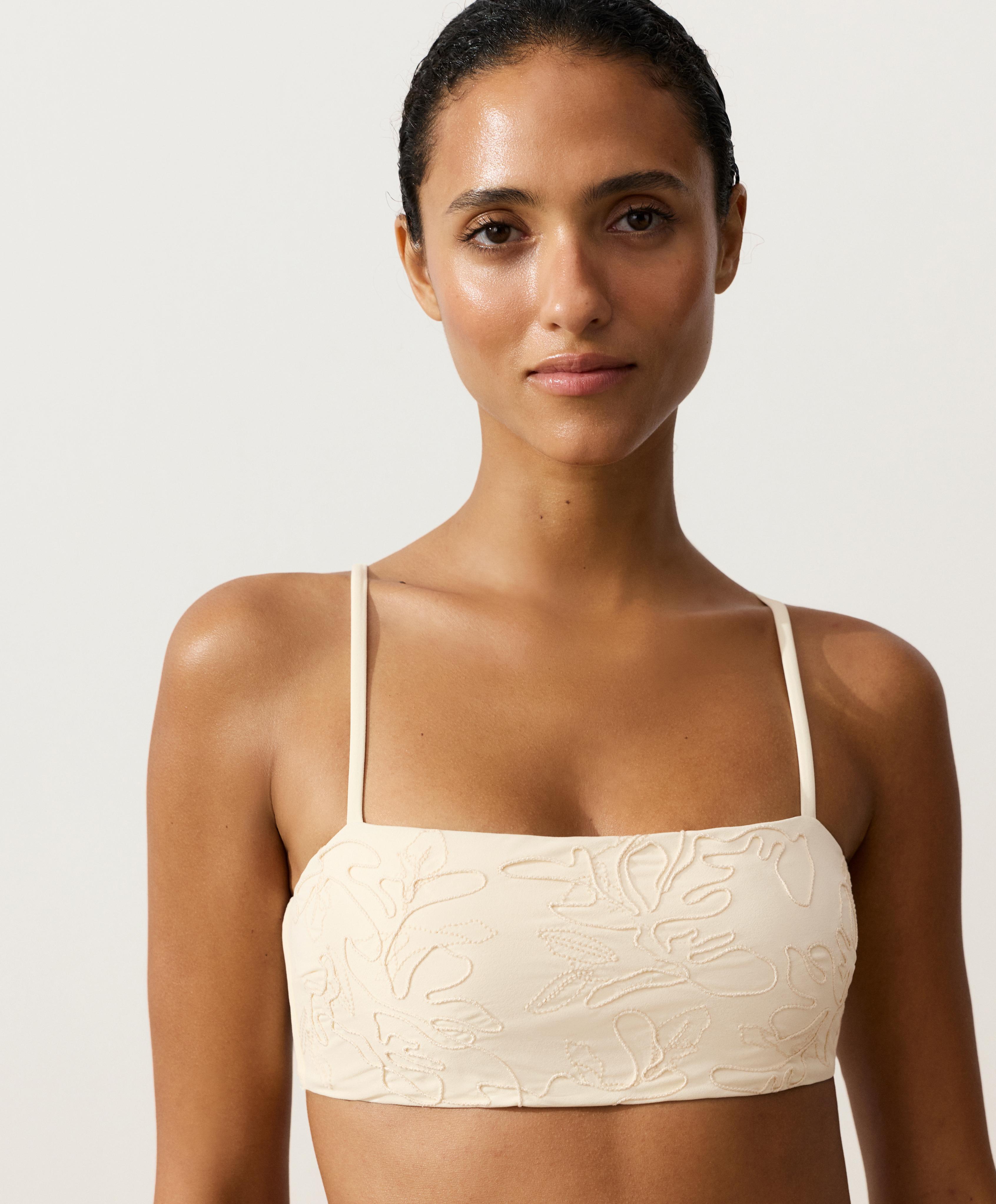 Floral embroidered bandeau bikini — ECRU