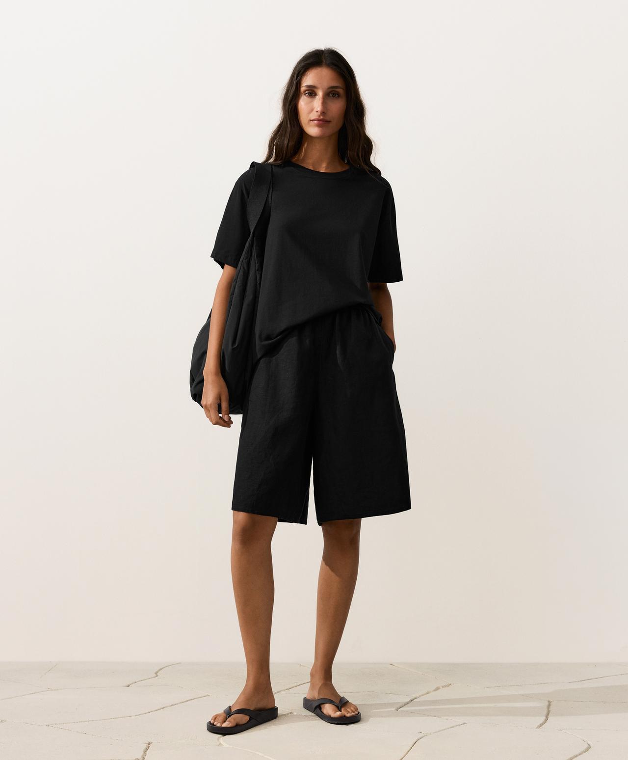 100% linen midi Bermuda shorts — BLACK