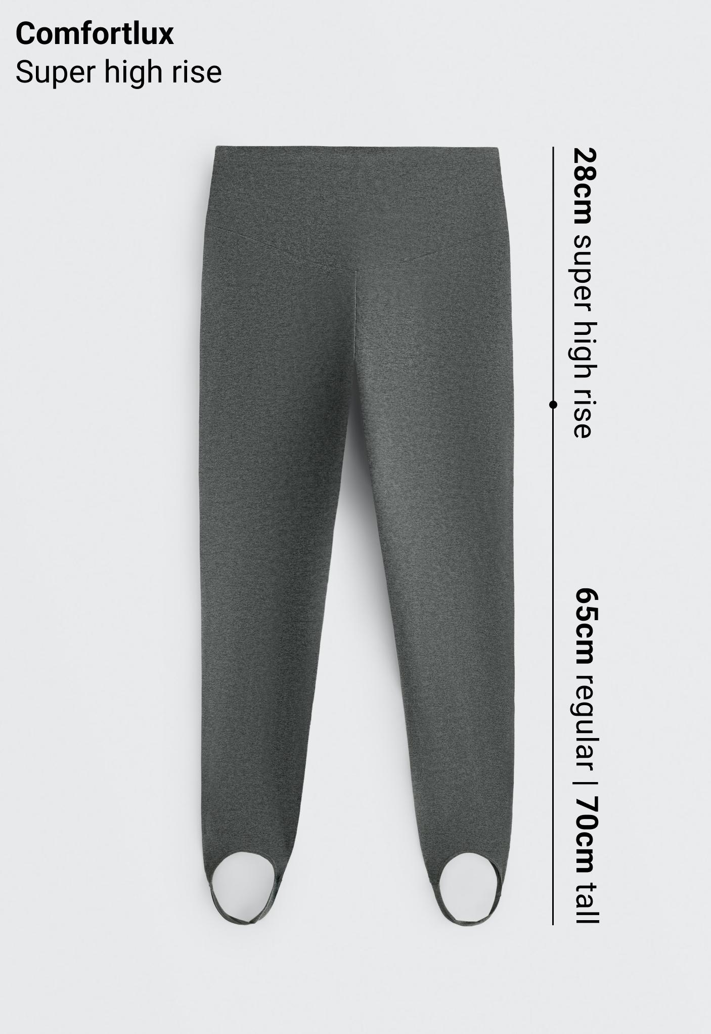 Front view of dark charcoal melange high-rise leggings with a V-seam at the waistband and stirrups at the hem.
