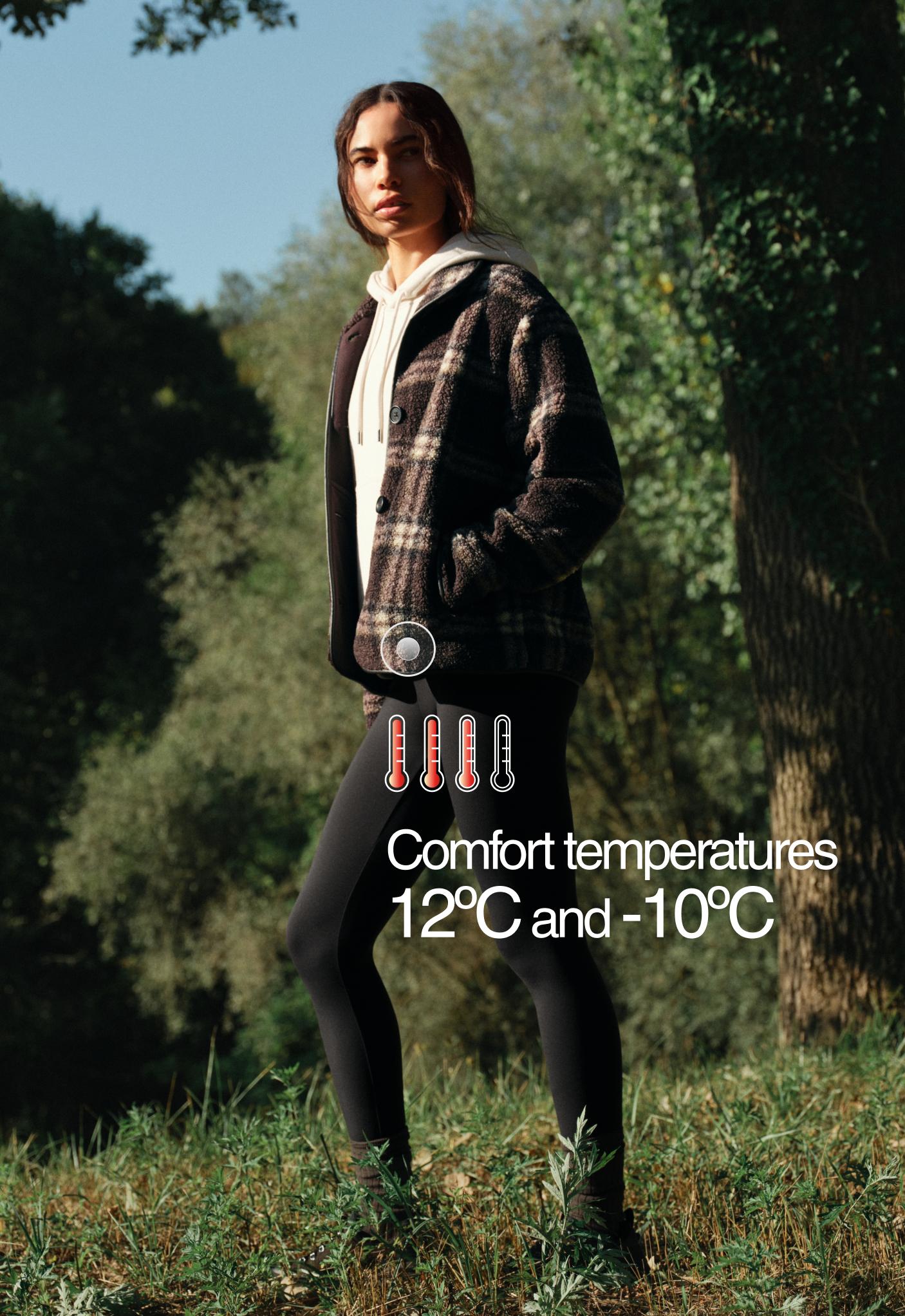 Brown plaid jacket set with buttons and pockets, white sweatshirt, and black leggings. Text: “Comfort temperatures 12ºC and -10ºC”.
