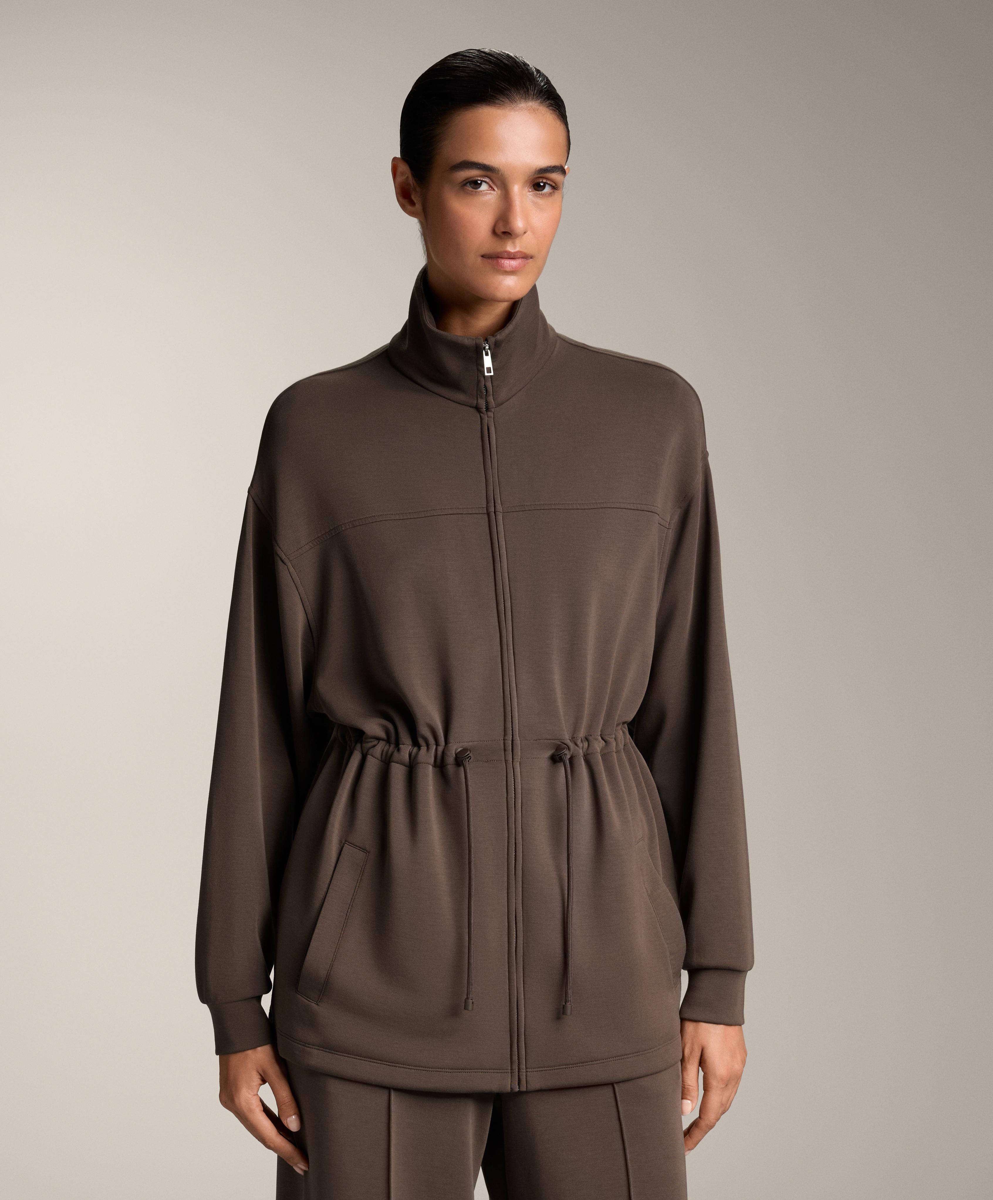 Long jacket with adjustable waist, high collar and soft-touch modal