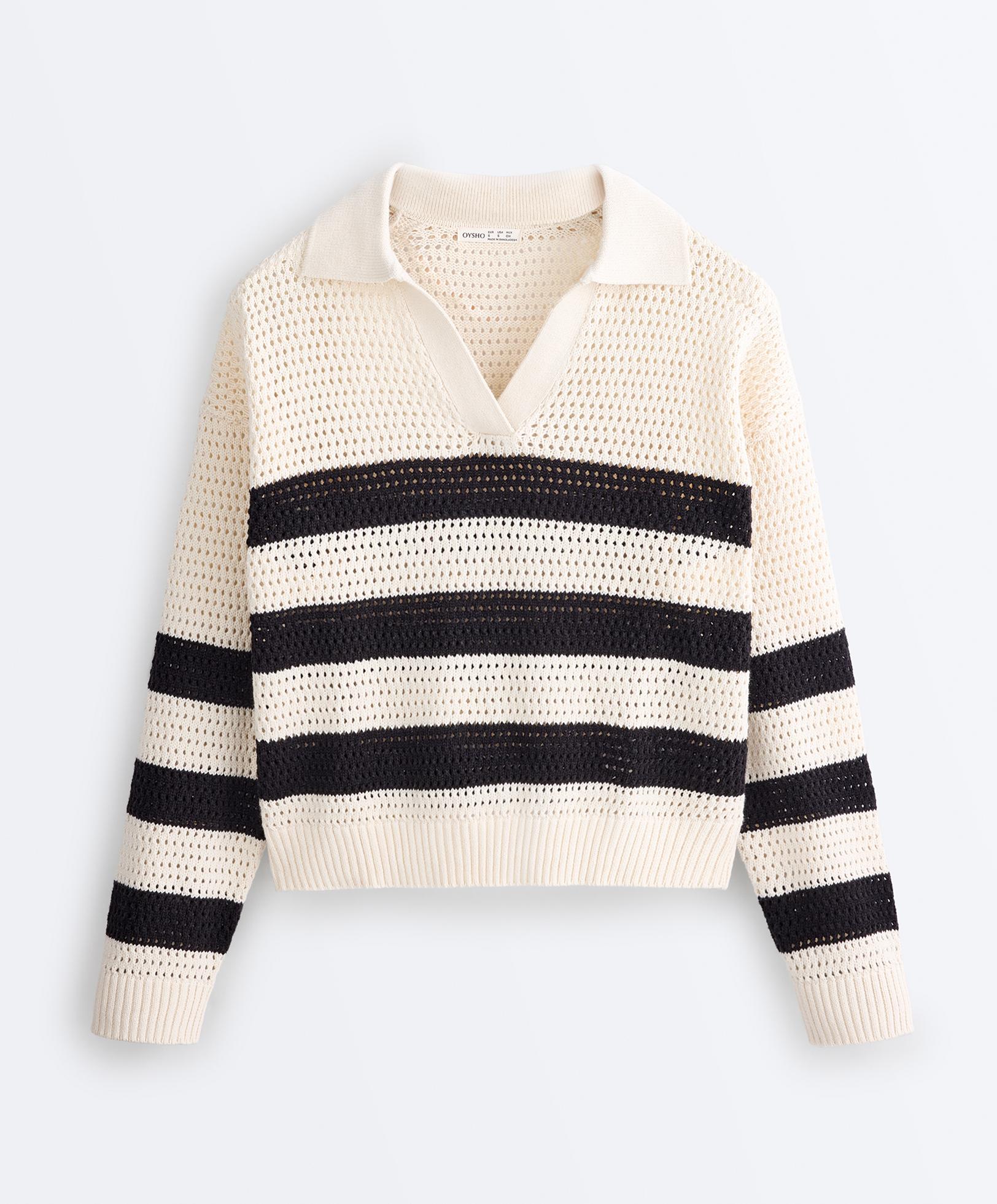 100% cotton striped open knit long-sleeve polo shirt — ECRU