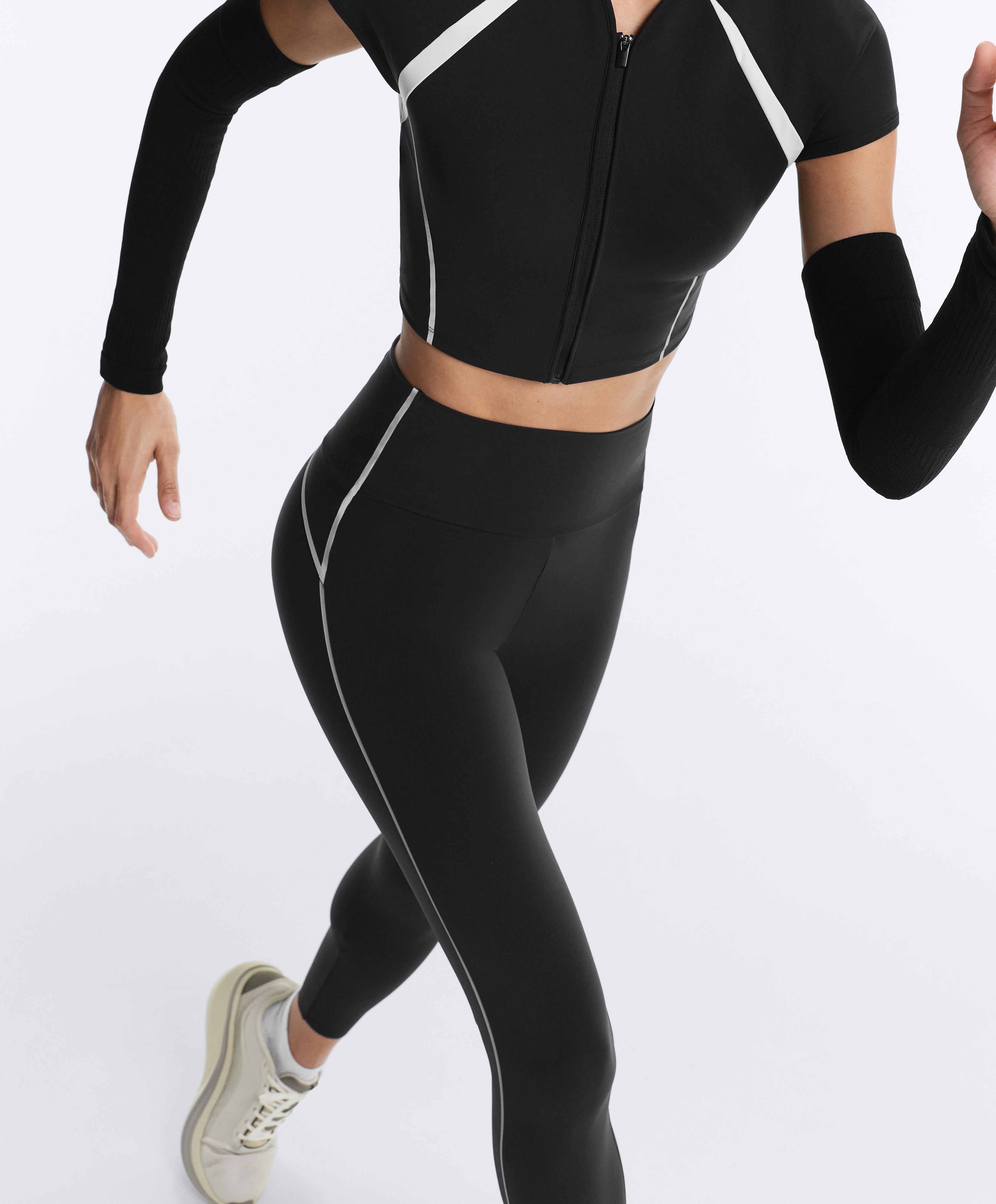 Reflective high-rise Compressive core control ankle-length leggings — BLACK