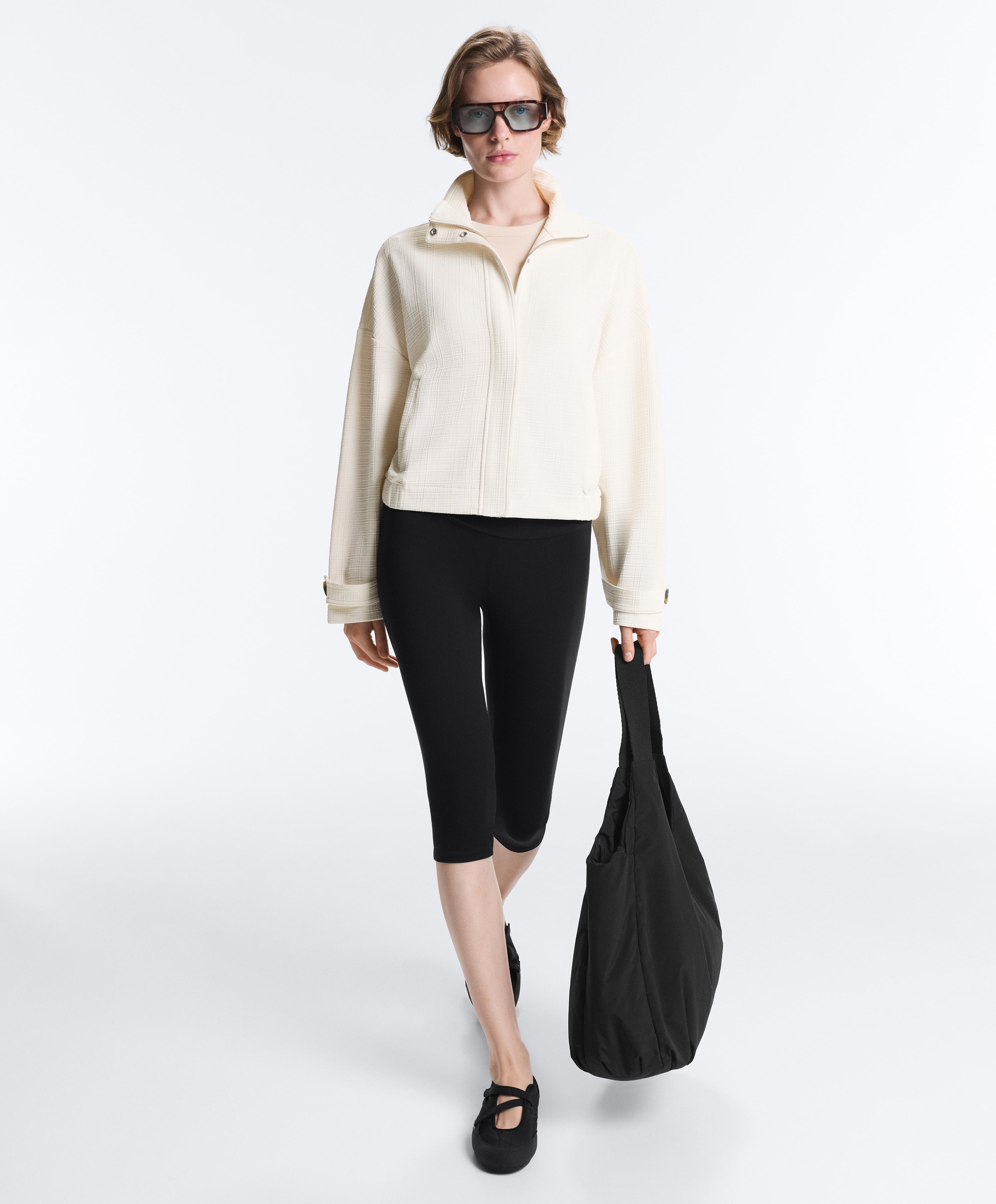Cotton stripe texture cropped jacket — PALE ECRU