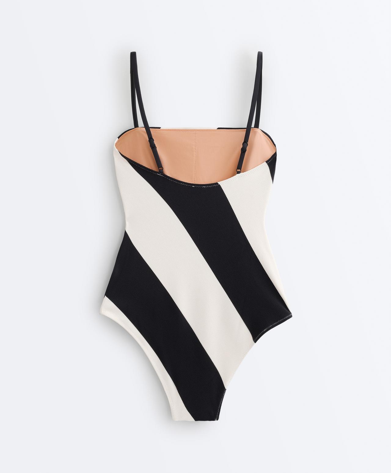 Diagonal stripe bandeau swimsuit — BLACK