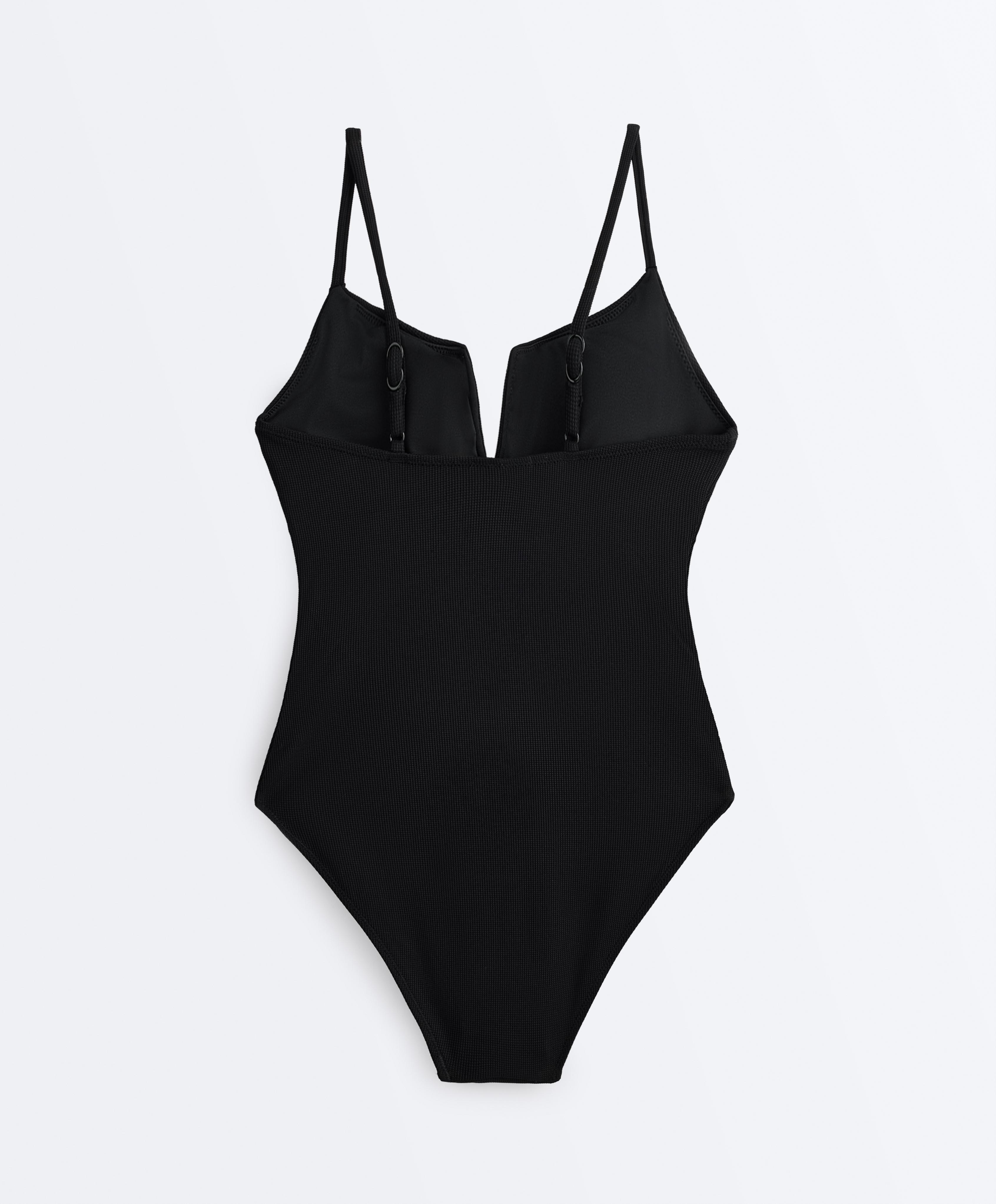 Piqué V-neck swimsuit — BLACK
