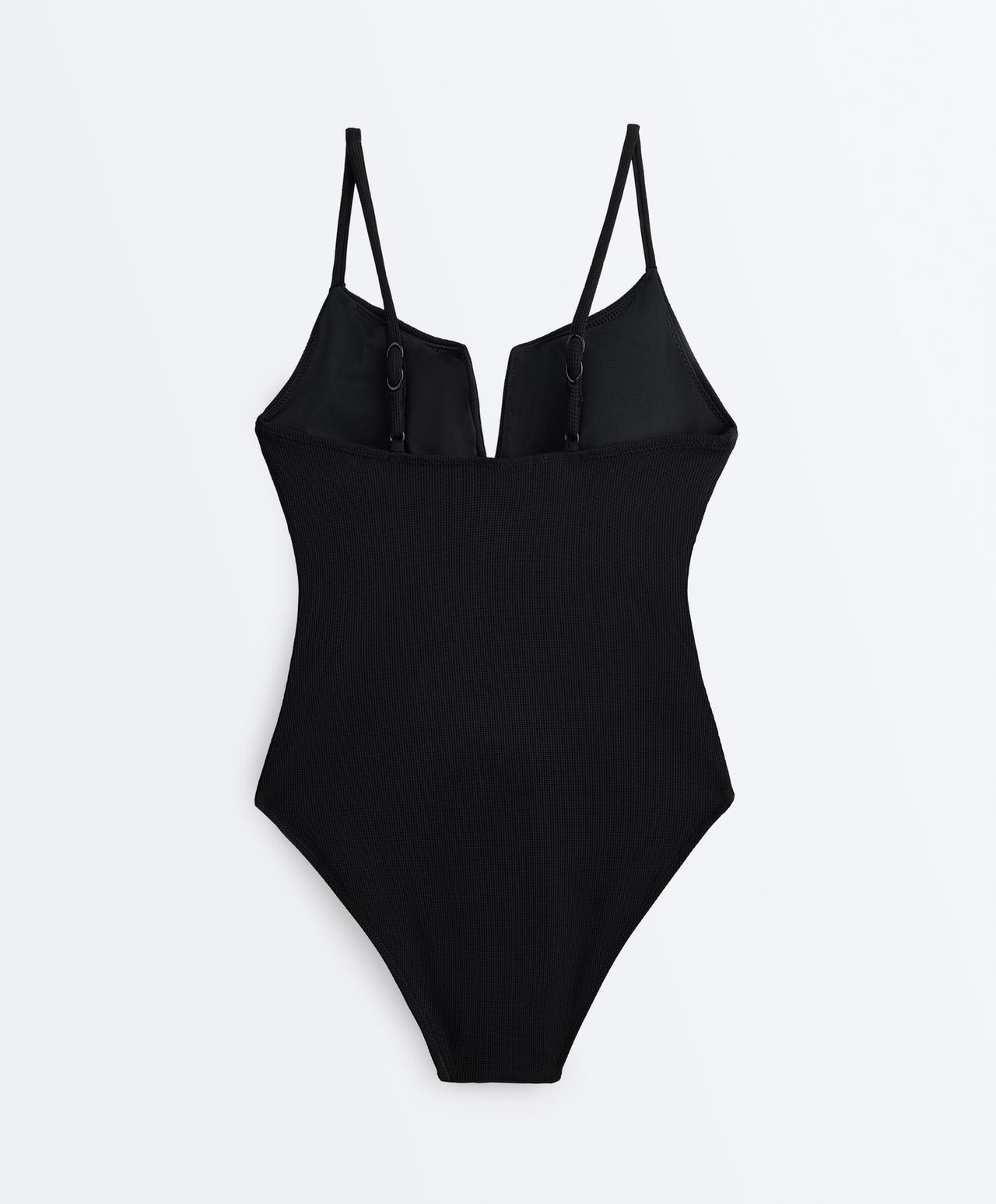 Piqué V-neck swimsuit — BLACK