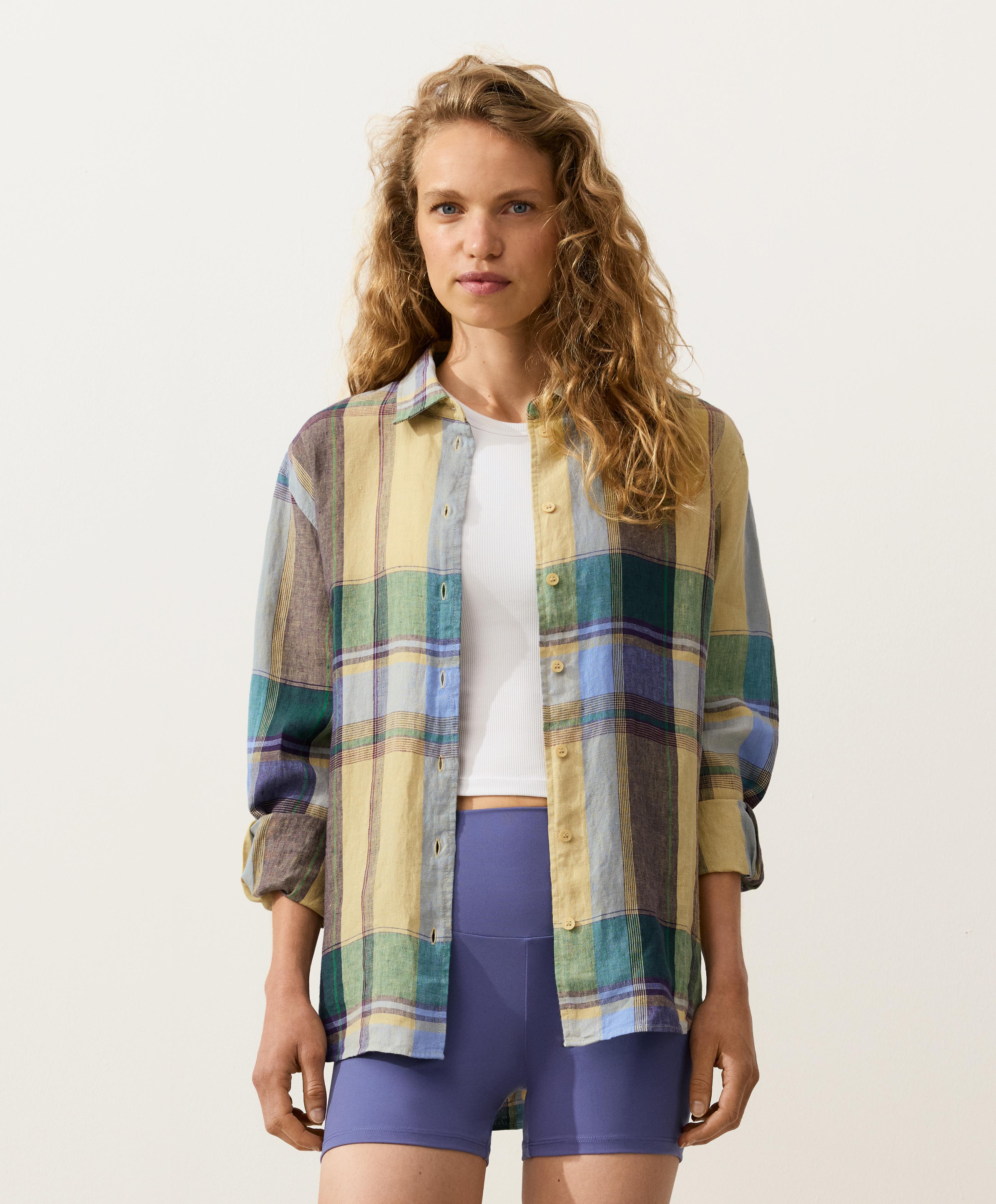 100% linen regular check shirt — MID-YELLOW