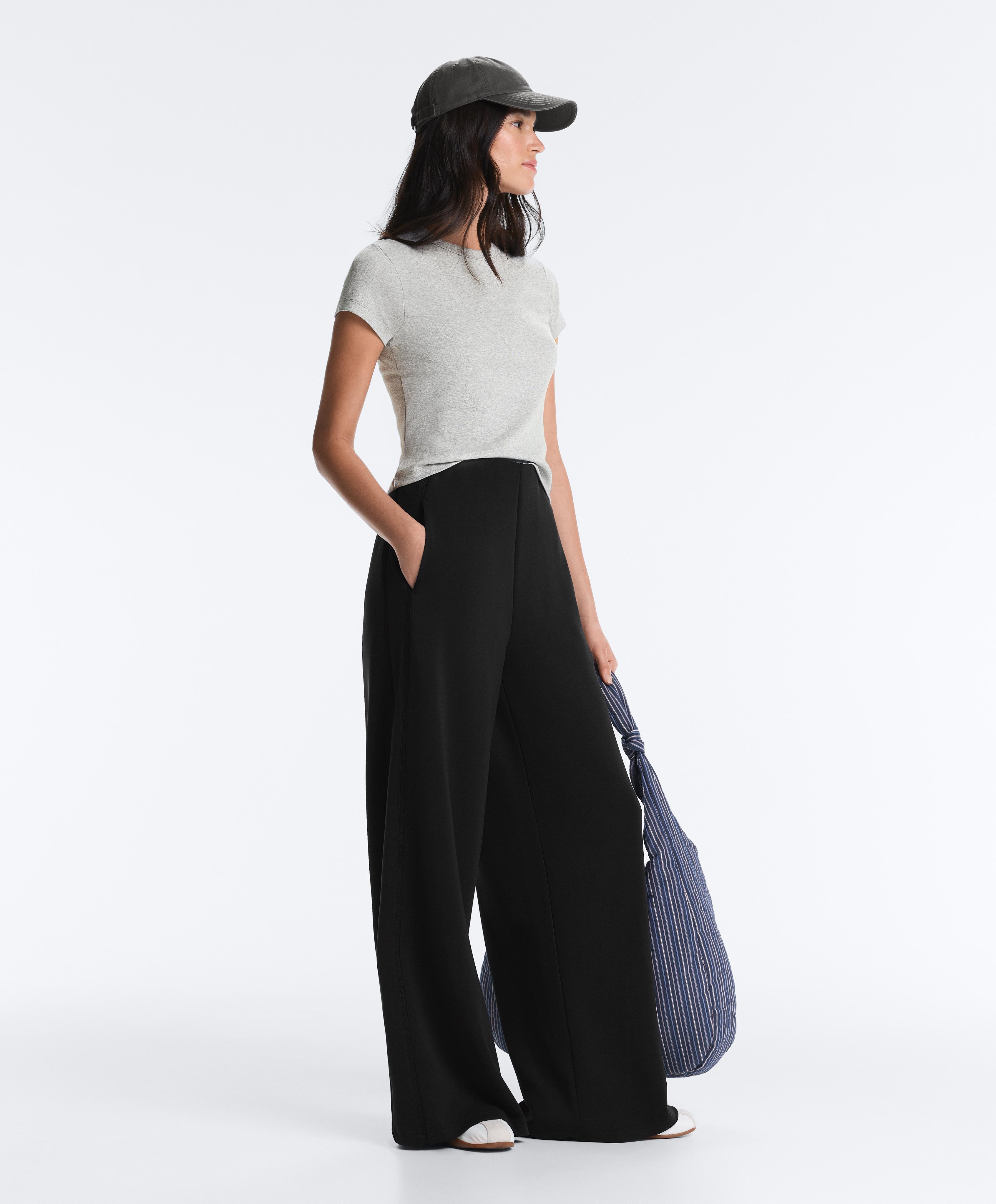 Wide-leg trousers with soft-touch modal and hemstitch — BLACK