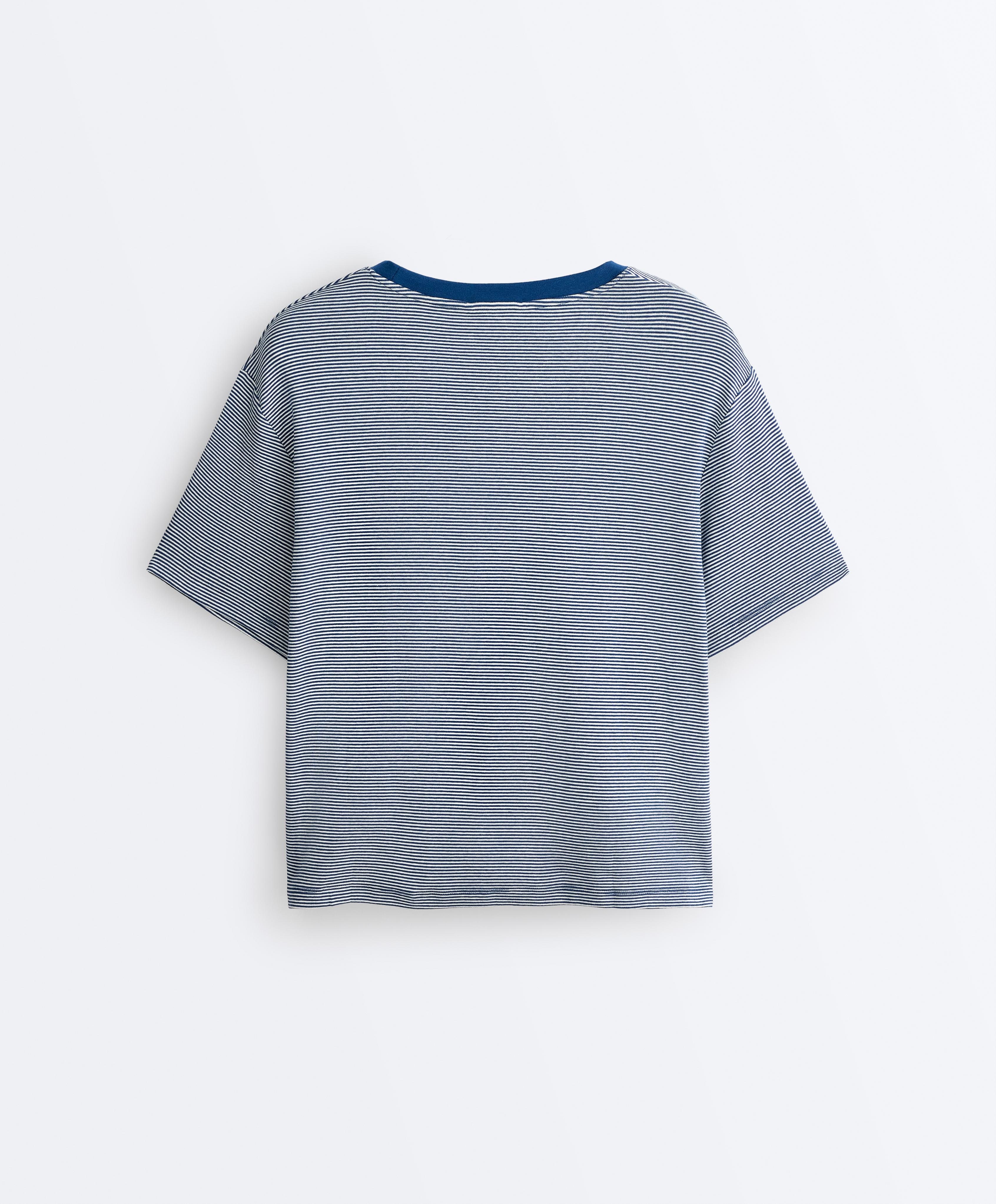 Striped boxy short sleeve cotton blend T-shirt — NAVY BLUE